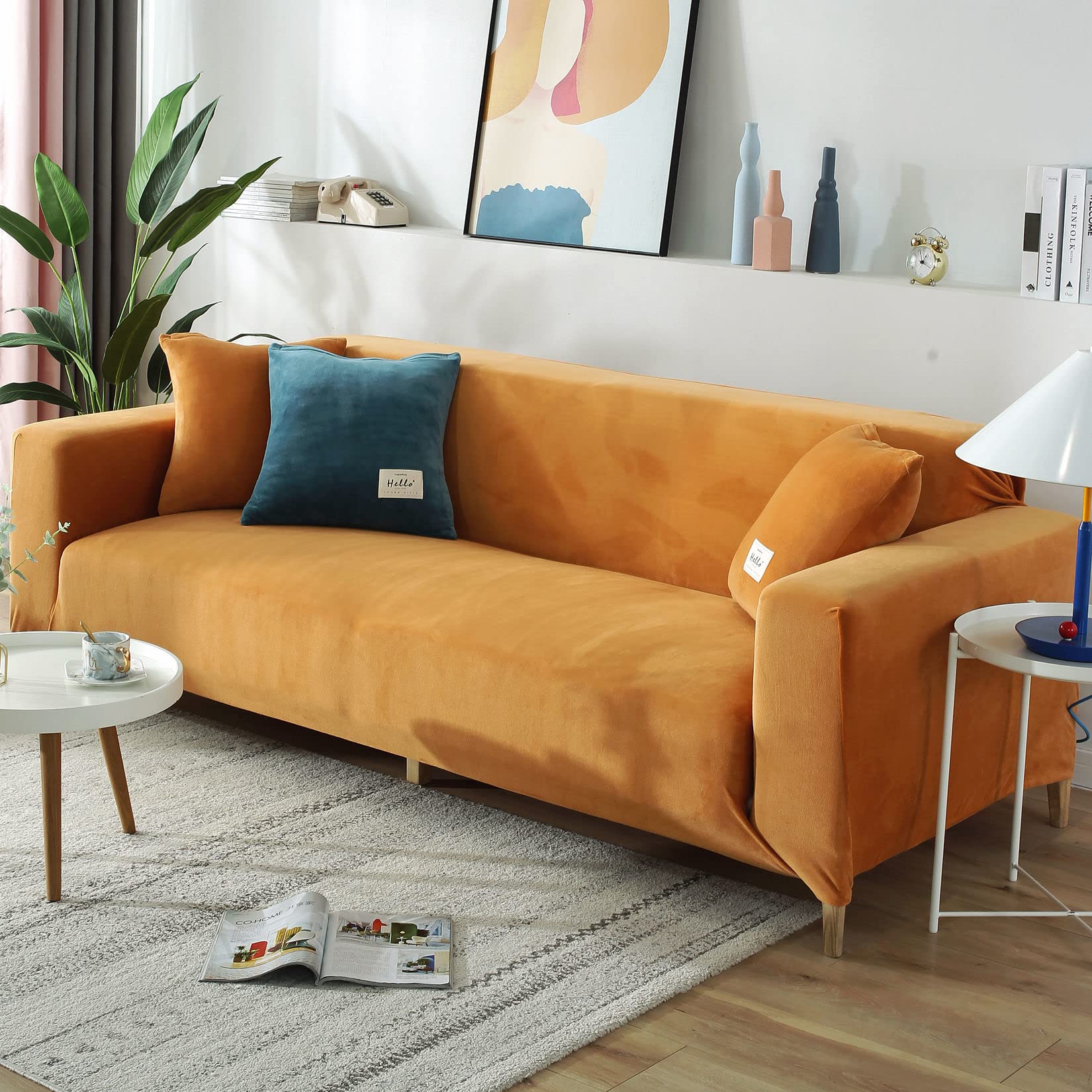 CLGTY Stretch Sofa Cover Chair, Soft Velvet Fabric Couch Slipcover With Elastic Bottom Armchair Covers For Kids Pets-Chair 75-130CM (30-50in)-Orange
