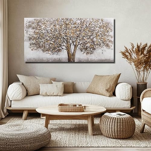 Miniatura 2 de CHUDANHAO Pósteres artísticos grises para decoración de pared de árbol grande para oficina, arte de pared dorado y blanco, pintura botánica para