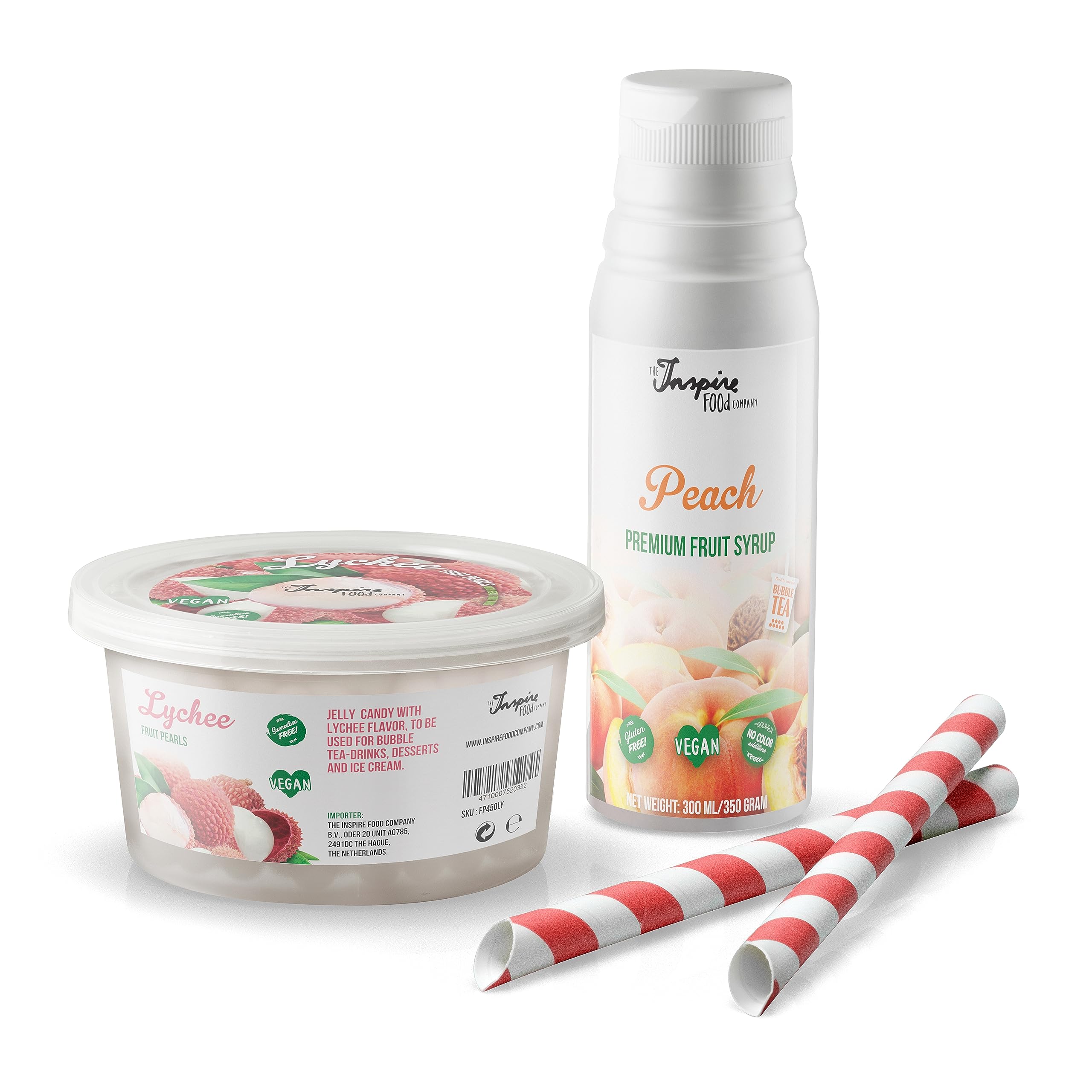 INSPIRE FOOD Kit Bubble Tea Complet | Litchi Boba & Pêche Sirop | Kit Bubble Tea avec Perles Popping Boba et Sirop - 100% vegan et sans gluten, sans colorant artificiel