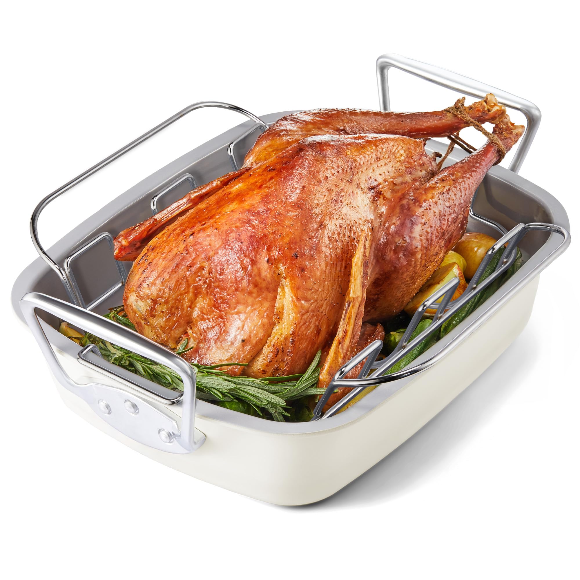 HONGBAKE Ceramic Coated Nonstick Large Turkey Roasting Pan with Rack (U-Shaped), 18.7×13.6 Inch Deep Roaster Pan for 25 lb Turkey &amp; Chicken, Wider Handles, Non Toxic, PFOA &amp; PTFE-Free, Cream &amp; Gray