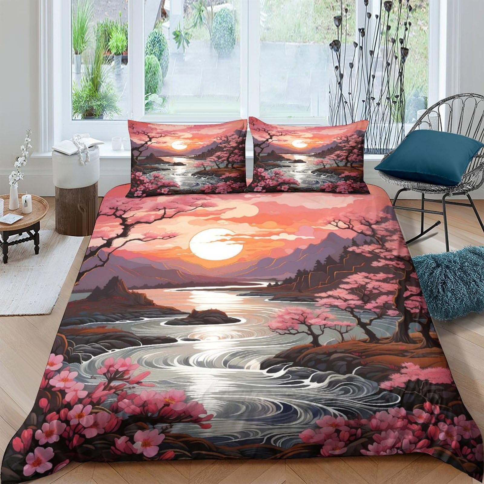 Ctjqhvkz Style-8 3D Printed Sunset Sakura Fitted Sheet Microfiber Soft Breathable Mountain River Bed Cover For Bedroom Dorm Decor Single（135X200cm）