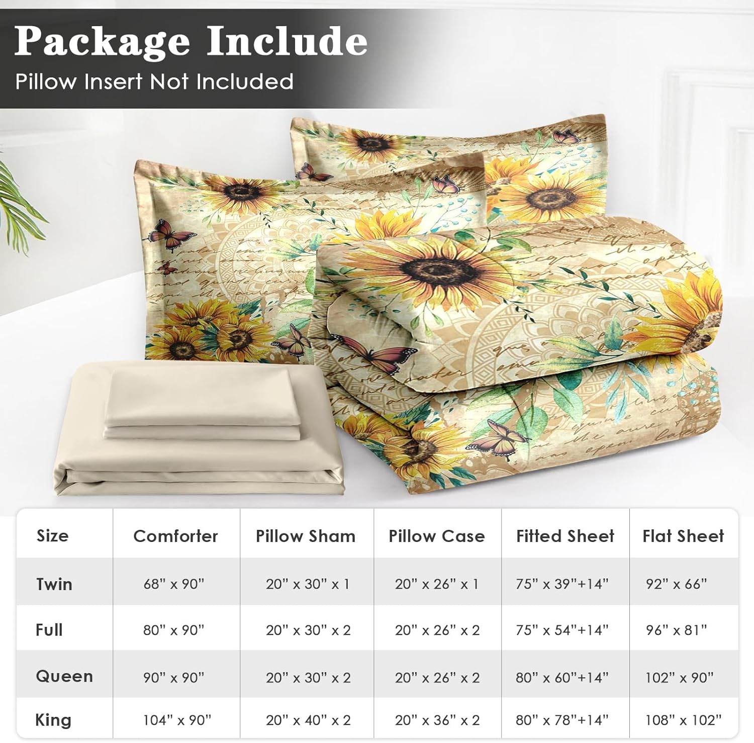 7 Pcs Queen Size Comforter Set with 2 Pillowcases & 2 Shams, Sunflower Floral Yellow Bedding for Kids and Adults, Flower Rustic Thanksgiving Bed in a Bag with Flat Fitted Sheet - Image 6