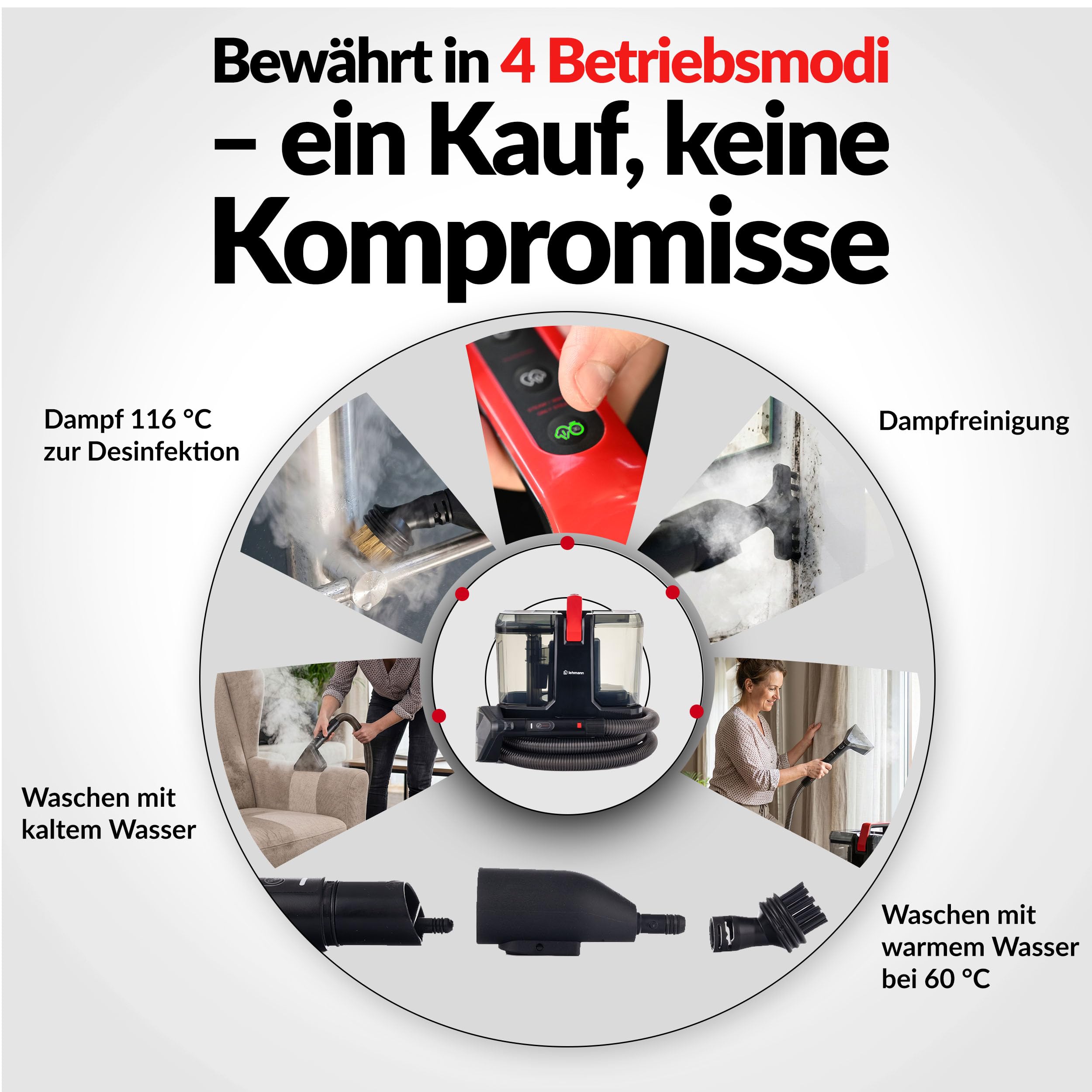 LEHMANN SteamWash 1800 Waschsauger & Dampfreiniger 4in1, Polsterreiniger und Teppichreiniger mit Warmwasser 60°C & Dampf 116°C, 16 kPa Saugkraft, Fleckenreiniger für Sofa, Auto & Haushalt