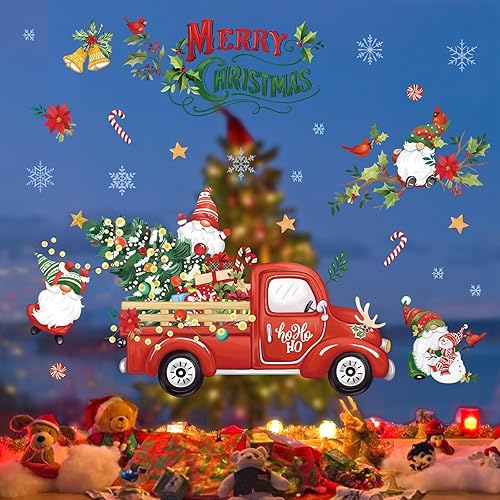 Miniatura 4 de wondever Pegatinas de pared de camión rojo de Navidad, gnomos, árbol de Navidad, ventana, calcomanías artísticas para Navidad, fiesta, ventana,