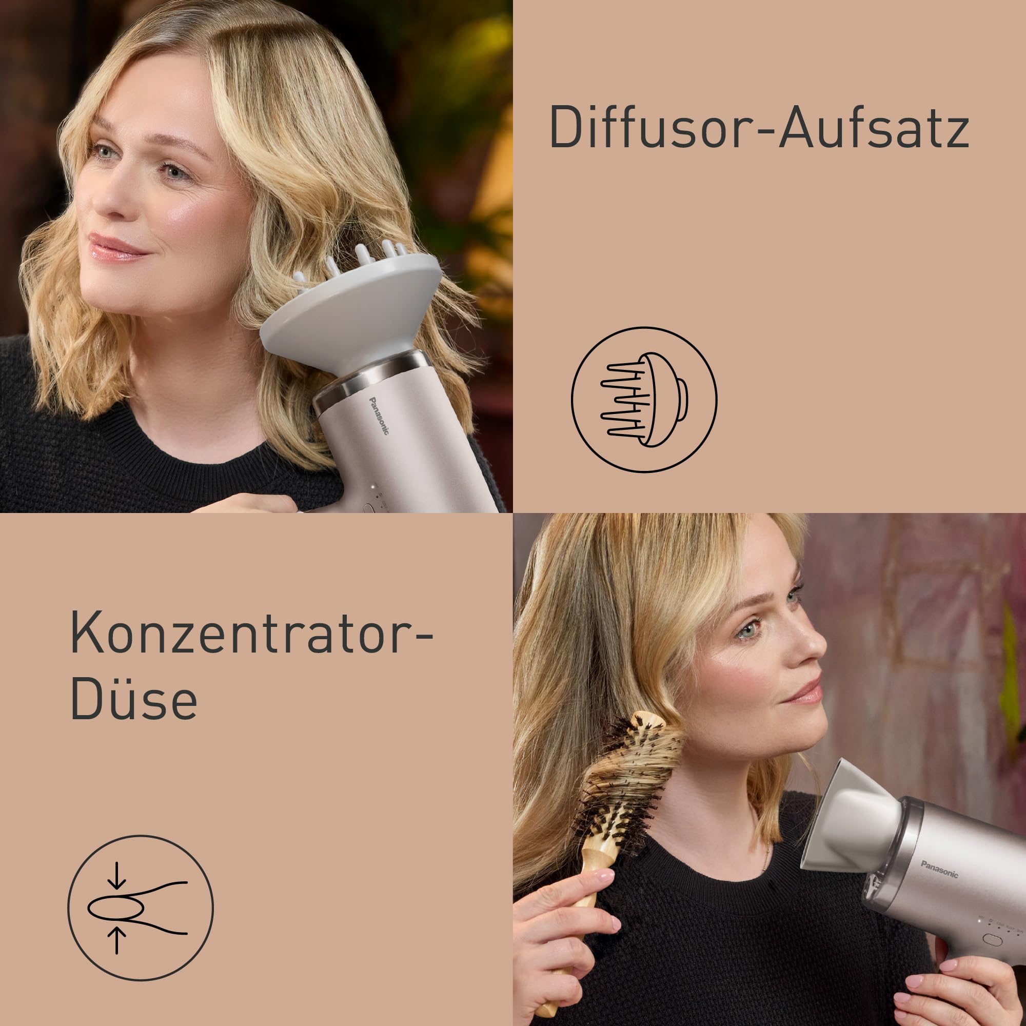 Panasonic EH-NA9N-E825 nanoe™ & Mineral-Ionen-Haartrockner, Anti-Haarschäden, Schnelltrocknen, Intelligente Sensorik, Kopf-und Gesichtshautmodi, Konzentrator-Aufsatz, 1600 W, Greige