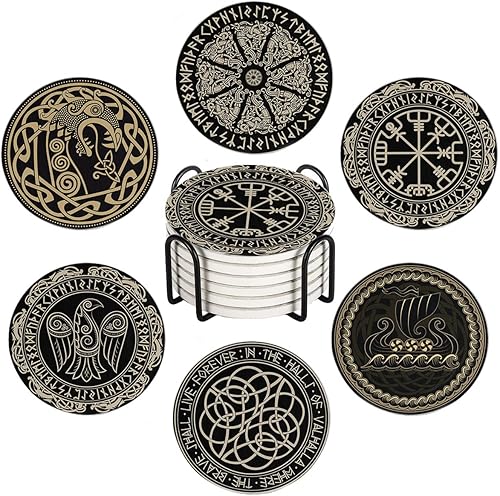HUXJOKO Juego de 6 posavasos para bebidas, posavasos de cerámica absorbente mágica vikinga negra, alfombrilla redonda de piedra, con base de corcho
