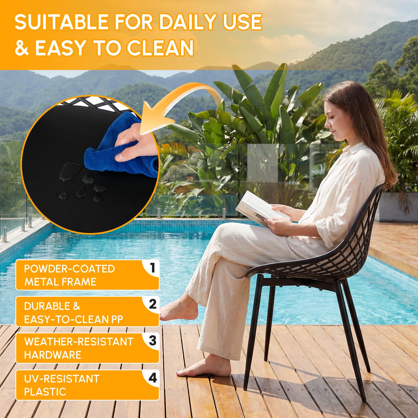 buybyroom Lot de 6 chaises de Jardin, de terrasse, avec Pieds en métal, Repose-Pieds réglable, pour l'extérieur, la Plage, Le Balcon, la Salle à Manger, Le Jardin, la terrasse ou Noir