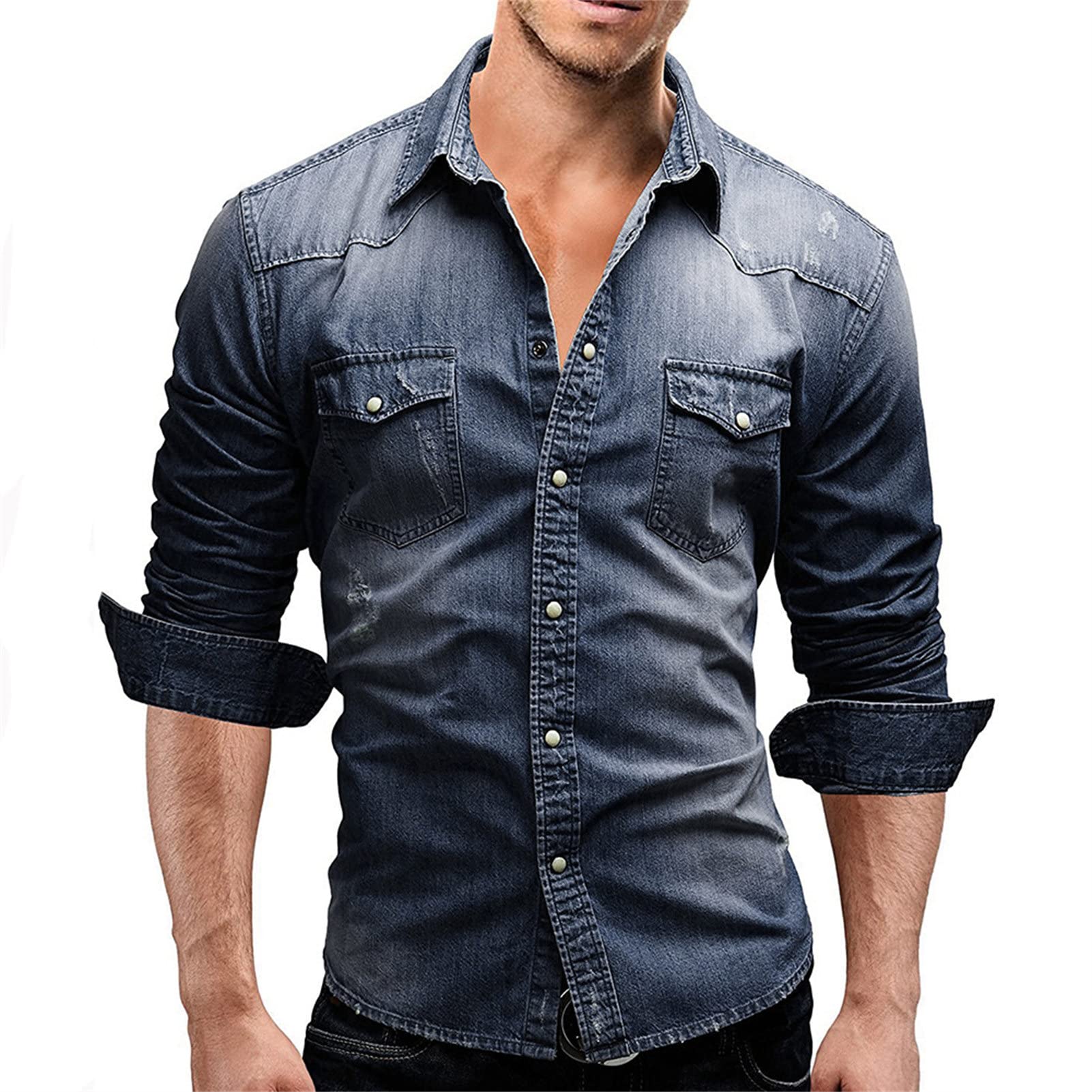 Maiyifu-GJ Men's Long Sleeve Denim Shirt Casual Button-Down Western Regular Fit Shirts Slim Fit Washed Jean Shirt (Dark Blue,X-Large)