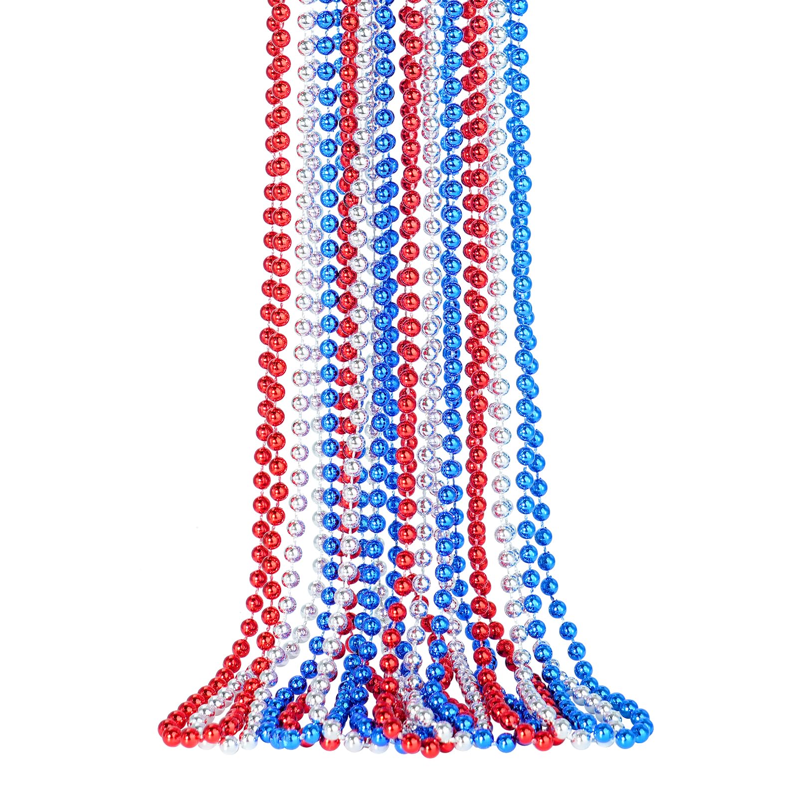 SHAOQINLINShaoqinlin Patriotic Bead Necklaces - 12 PCS 4th of July Accessories, 33 Inch Metallic Red/Silver/Blue Beaded Necklaces for Patriotic Day, Carnival Party Favor
