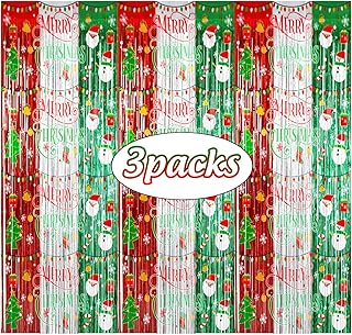 Avezano 3pcs Christmas Party Decorations Merry Christmas Foil Fringe Curtains for Kids & Adults Selfie Picture Backdrop Holiday Ugly Sweater Party Streamers Photo Booth Props Supplies Decor 3.3x6.6ft