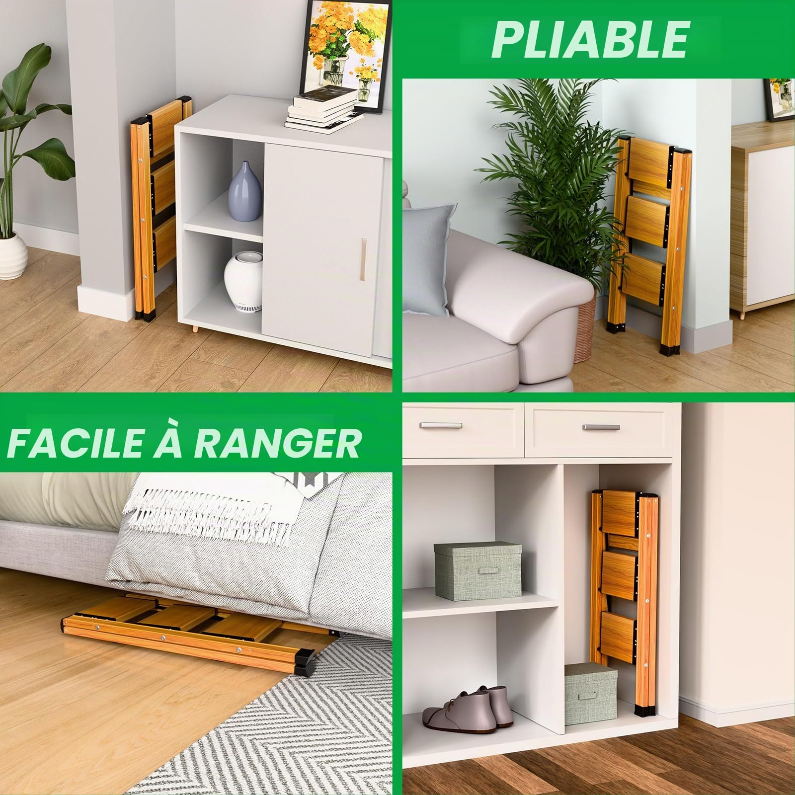 Échelle pliante à 3 marches en aluminium, portable, antidérapante, multifonction, avec design grain de bois, charge maximale : 150 kg, pour la maison, la cuisine, la salle de bain, le camping