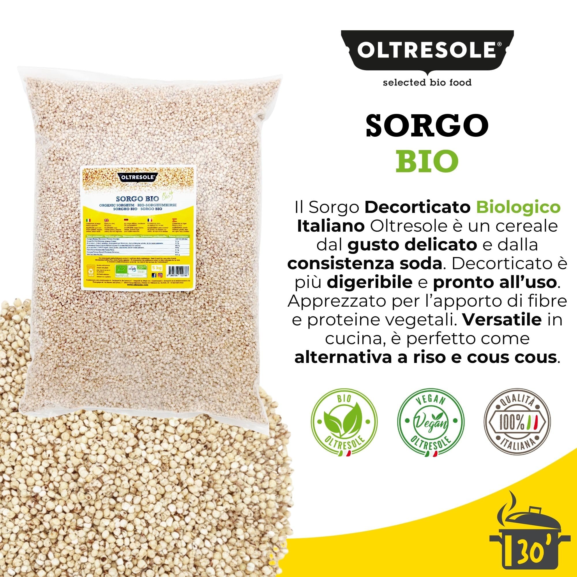 Oltresole, Sorgho blanc décortiqué biologique italien 5 kg, Céréales brutes, produites en Italie par l'agriculture biologique, Format pratique