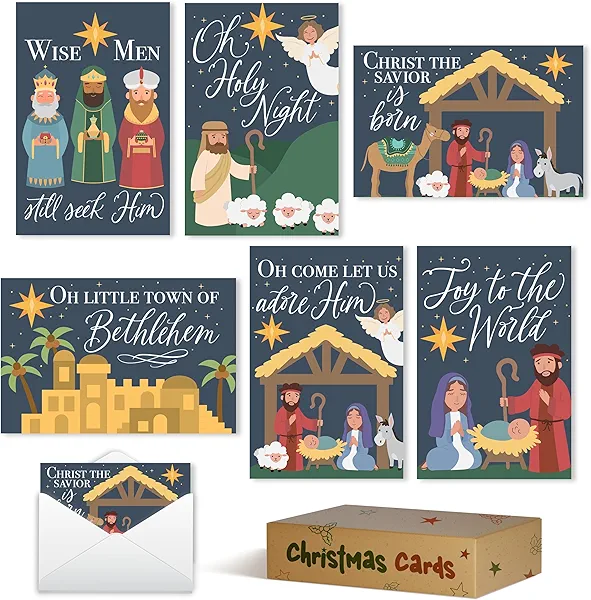 Hadley Designs Christian Christmas Cards With Envelopes Religious - 54 Blank Religious Christmas Cards Nativity with Jesus, Assorted Catholic Faith Bible Verse Merry Xmas Card Bulk, Designed In USA