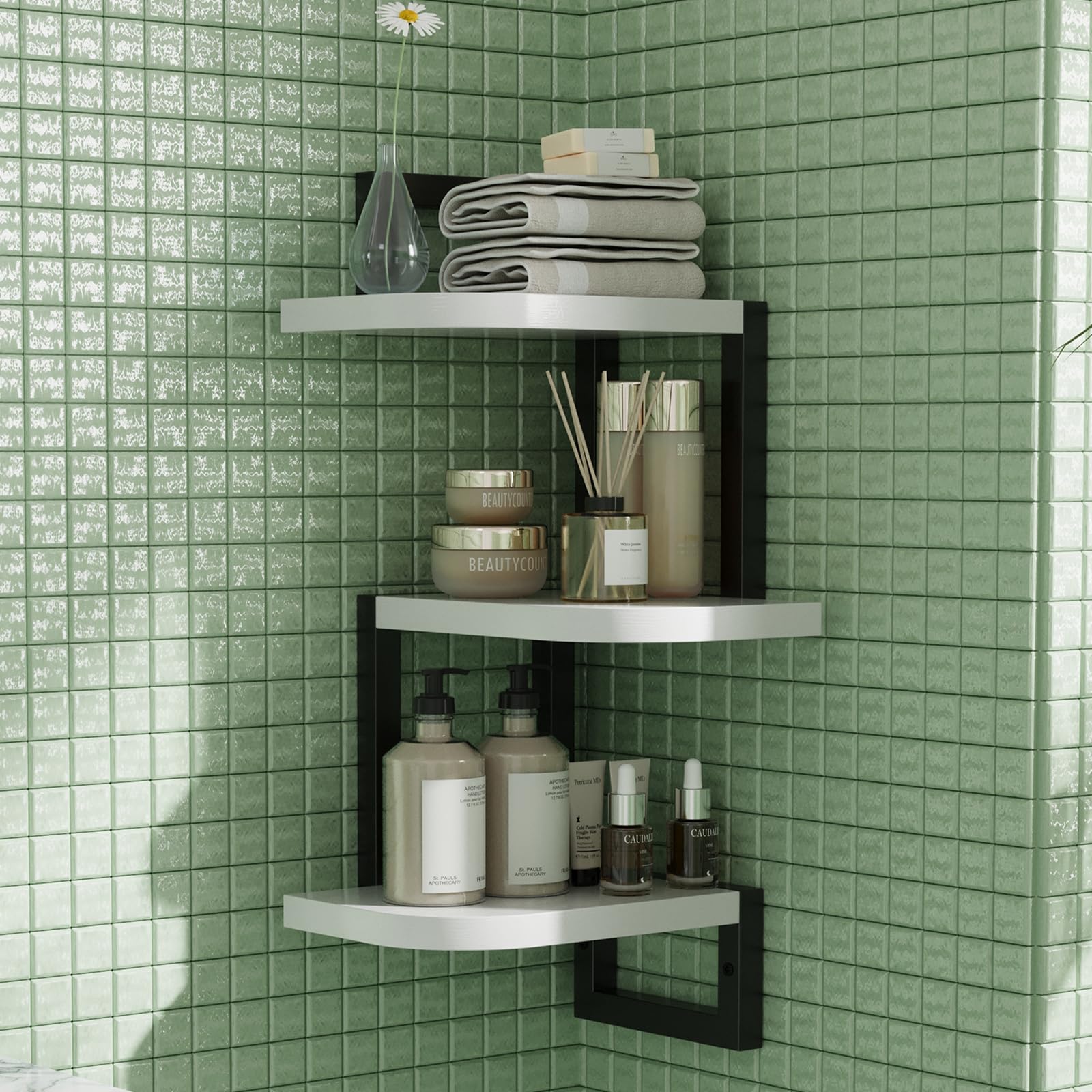 Lot de 3 étagères d'angle à suspendre - En bois rustique - Pour chambre d'enfant - Bibliothèque - Jolies étagères murales d'angle en bois pour salle de bain, salon, cuisine - Blanc