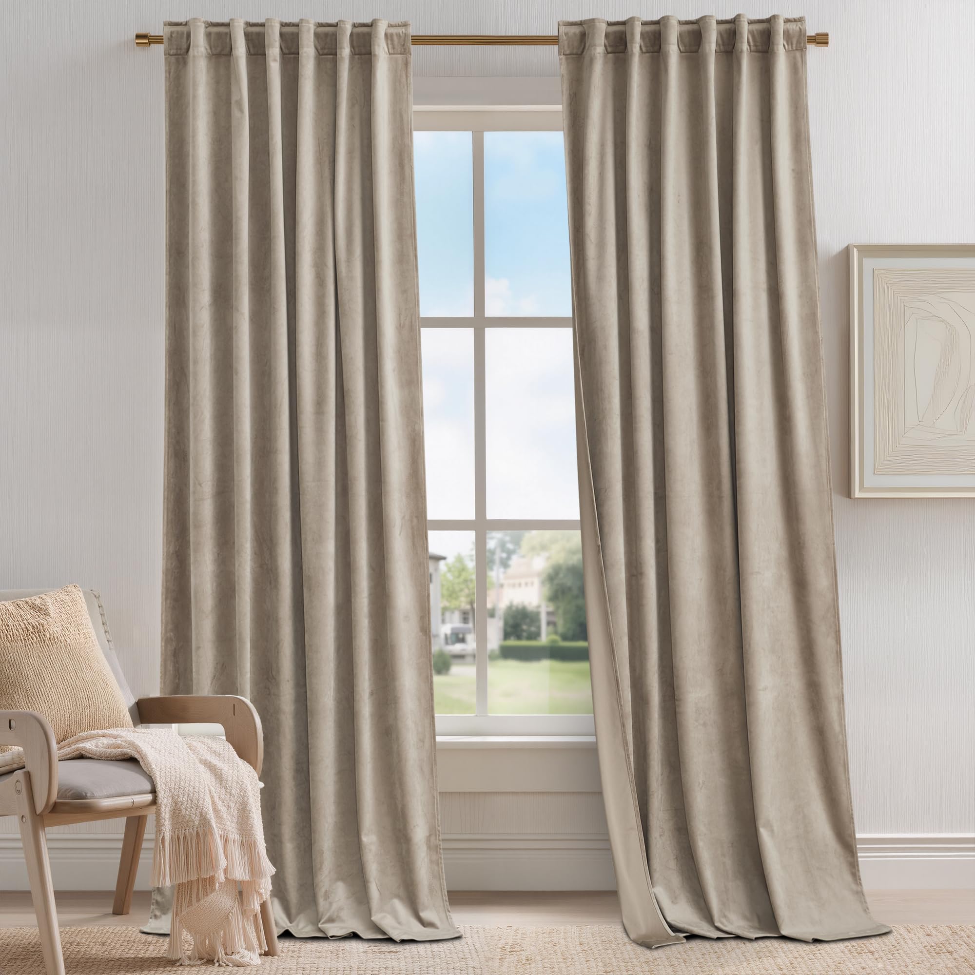 KGORGE Taupe Velvet Curtains 102 inches 2 Panels, Elegant Velvet Blackout Curtains for Bedroom Living Room, Darkening Thermal Insulating Extra Long