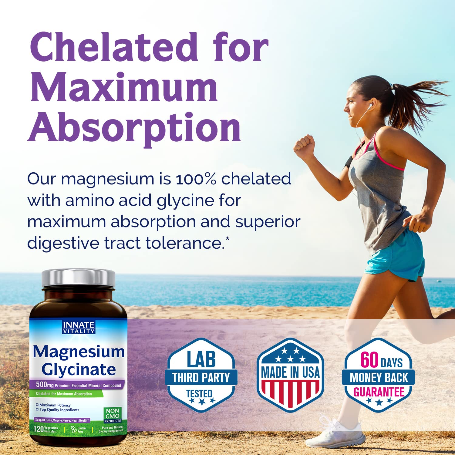 Magnesium Glycinate 500mg per Caps, 120 Veggie Caps, Chelated for
