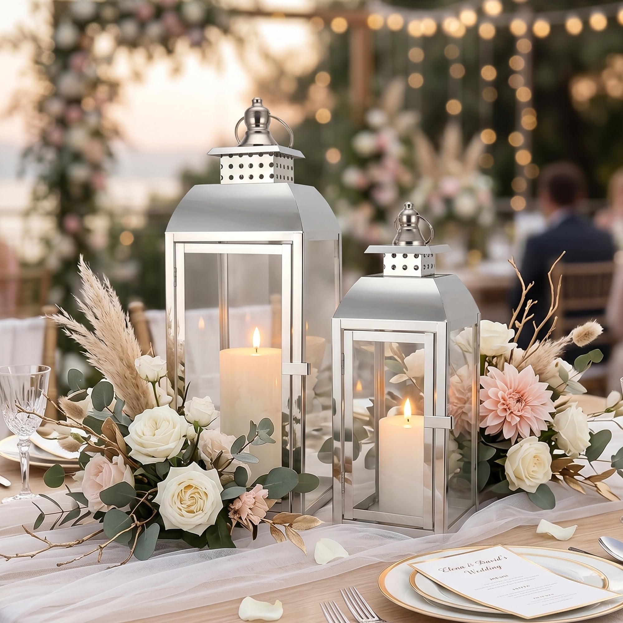 JHY DESIGN Edelstahl Hängende Kerzen Laternen, 52cm & 38cm Hoch 2er Set Pagode Kerzenlaternen Große Kerzenhalter für Indoor Party Hochzeit Wohnzimmer Graden Eingangsbereich Outdoor Balkon(Silber)