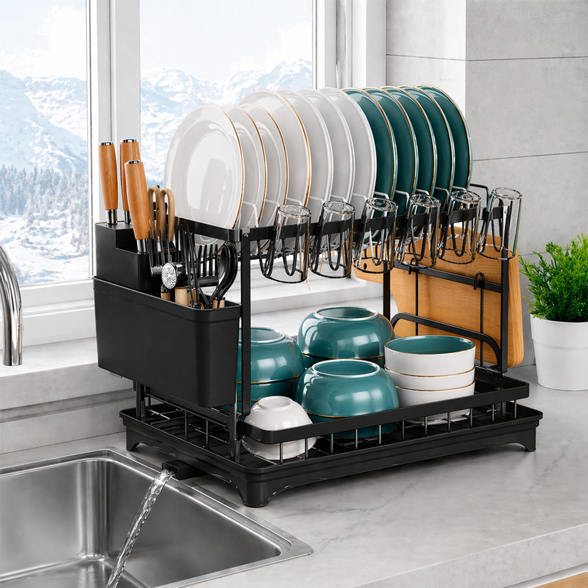 UR CHOICE 2-Tier Dish Drainer Rack with Drip Tray – Rustproof Metal Dish Drying Rack for Kitchen Counter, Plate Rack with Cutlery Holder, Space-Saving Washing Up Rack, Black, 44 x 30.5 x 32 cm