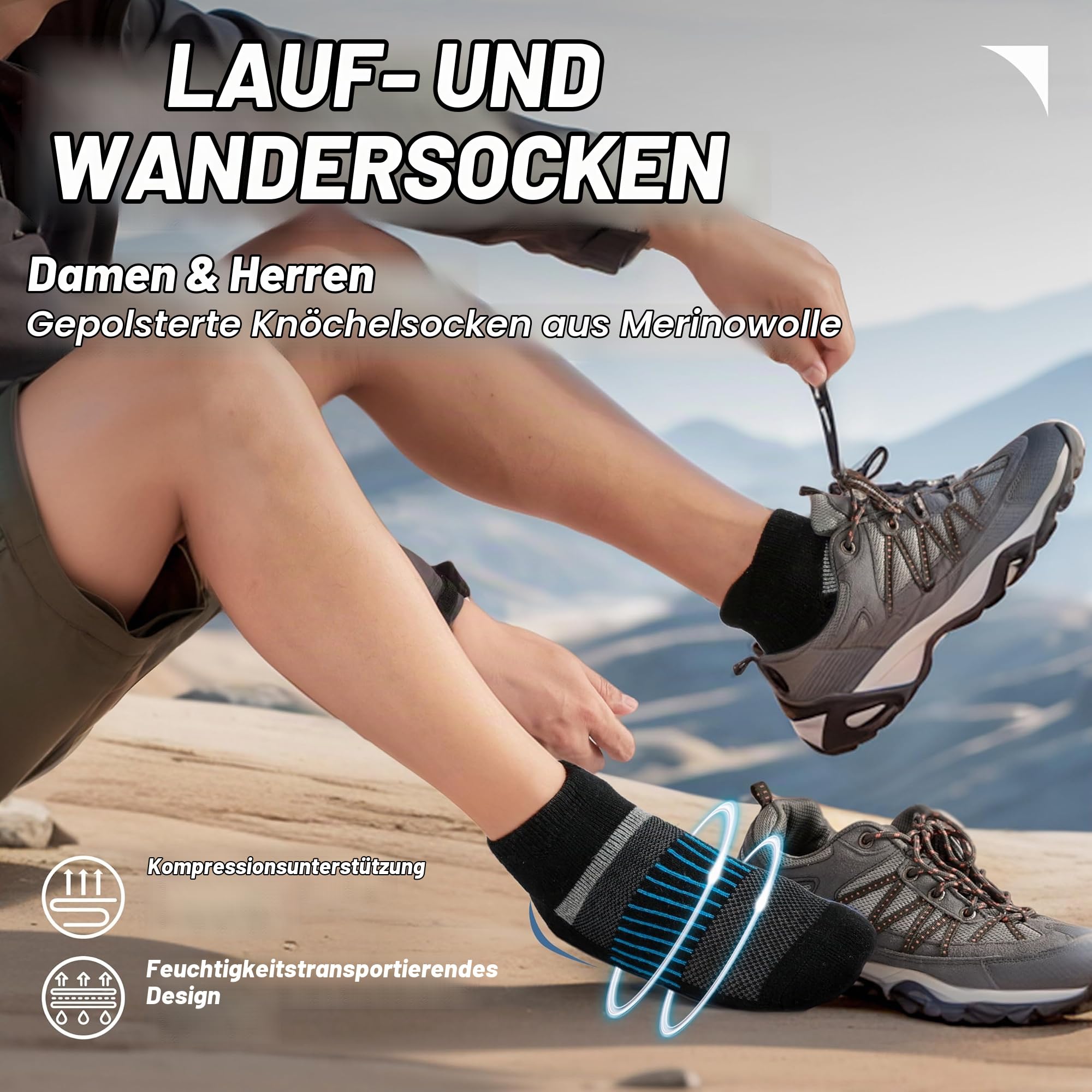 Anlisim Merino Wandersocken Kurz Sneaker Socken, Dicke Wollsocken, Warme Wolle Laufsocken, Kompressions Sportsocken Thermosocken für Herren Damen 6 Paar
