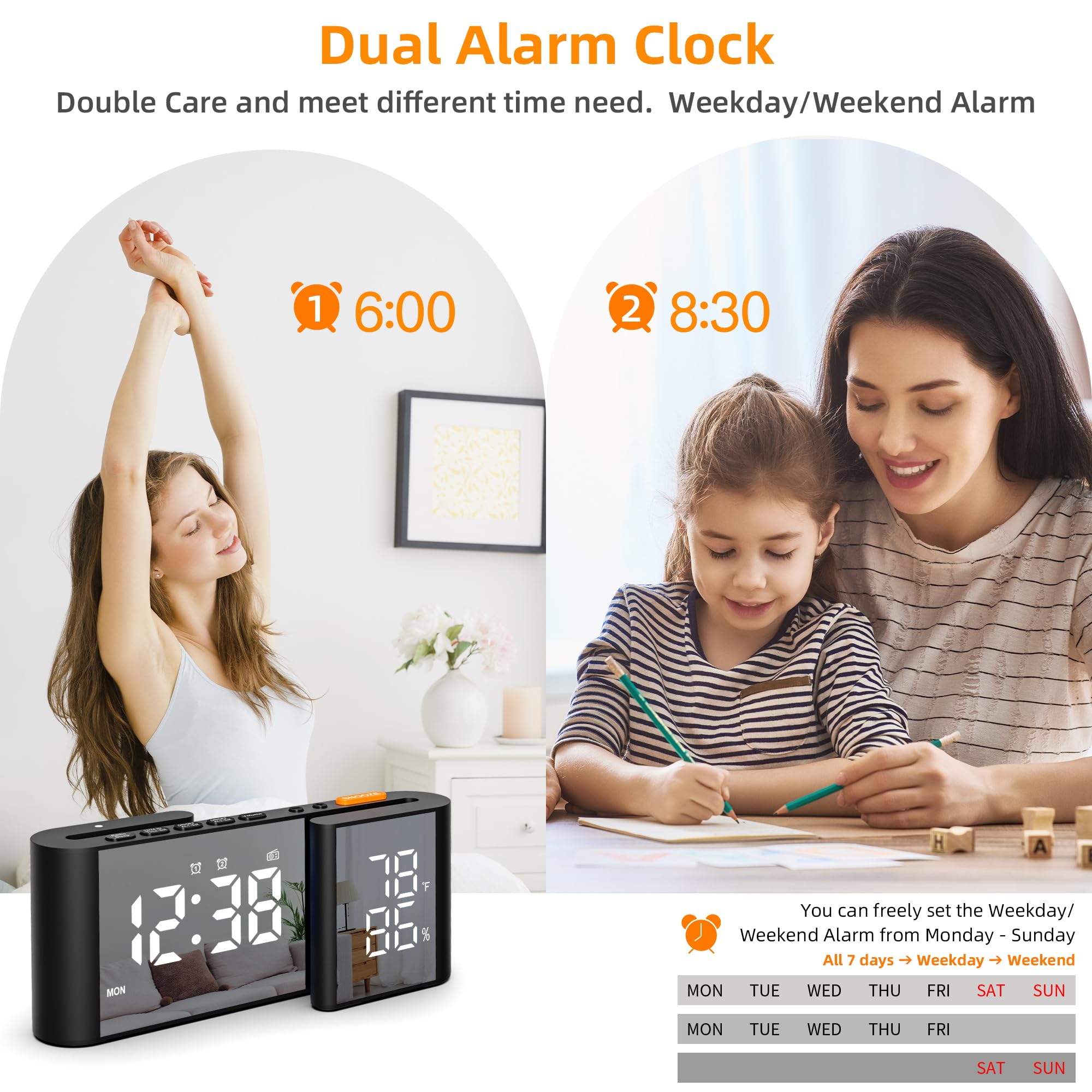 Réveil Numérique Horloge Radio avec Affichage Température et de l'humidité 15 Niveaux Volume Luminosité Réglable Noir-Blanc