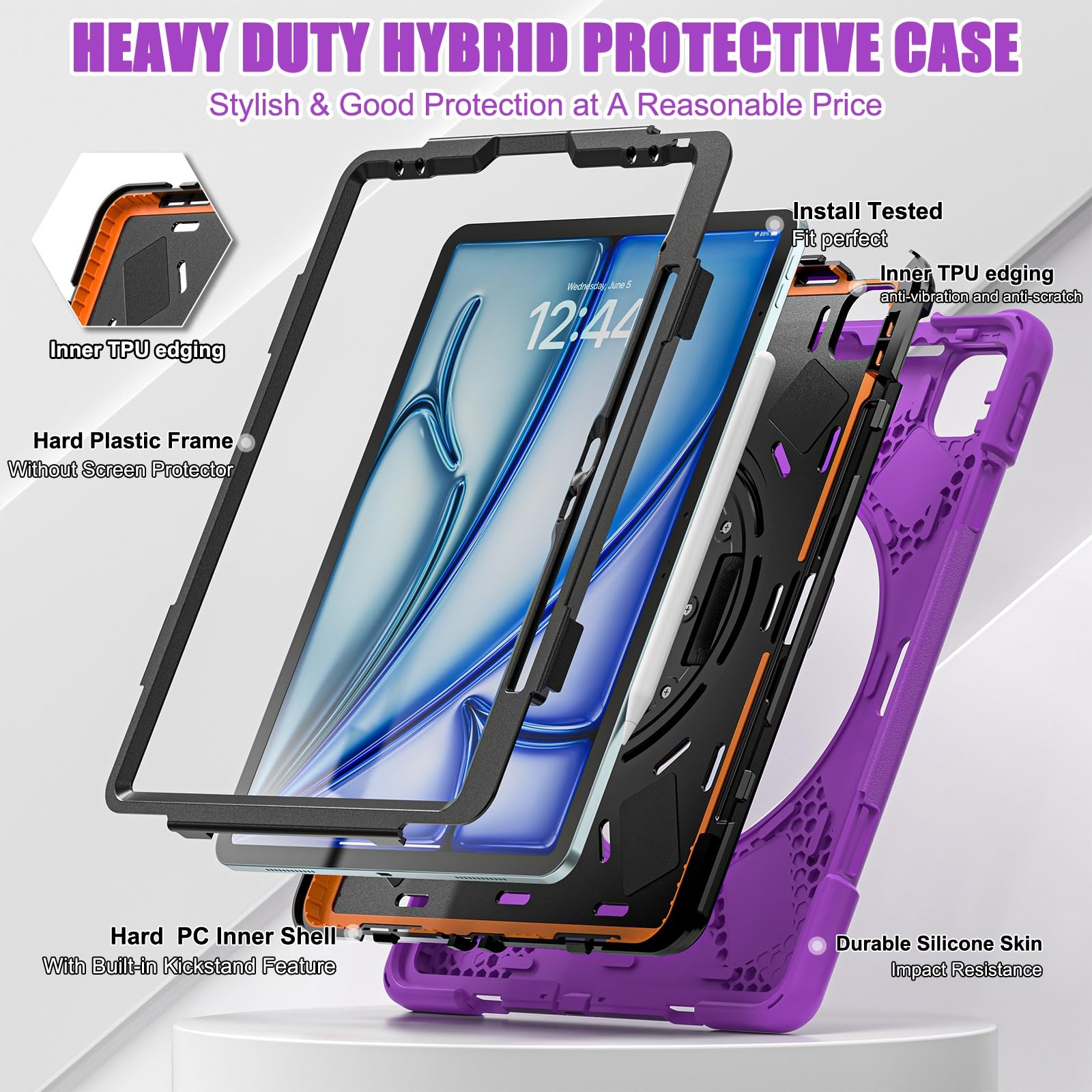 Kompatybilny z etui iPad Air 13 cali M2 2024, wytrzymałe, odporne na wstrząsy chroniące przed upadkiem uchwytem długopis, pasek ramię, ochronne silikonowe dla dzieci(Mor)
