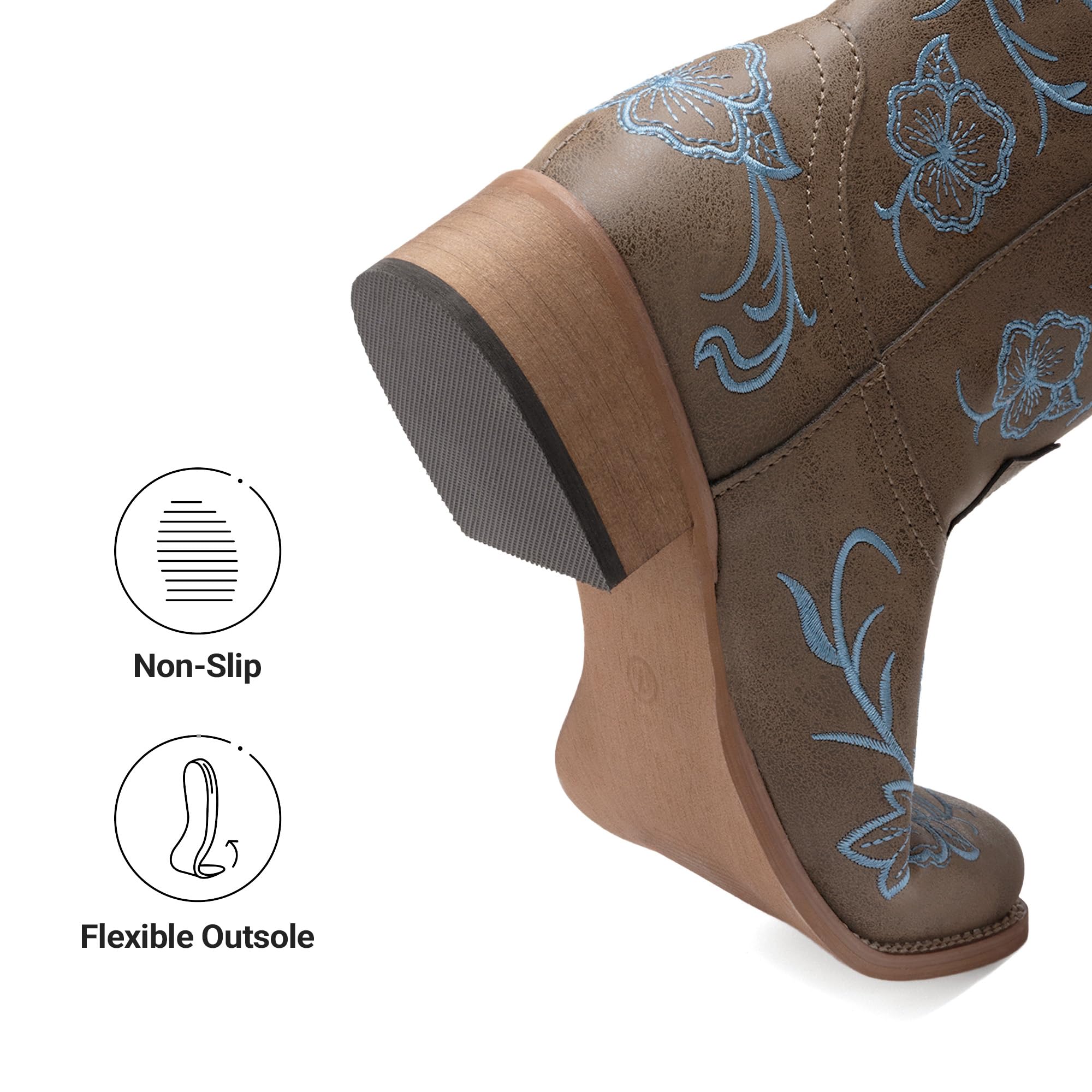 DREAM PAIRS Stivali da cowboy da donna con punta quadrata ricamata, tacco basso grosso, stile western, per festival di musica country, feste a tema e concerti, Marrone scuro, 41 EU