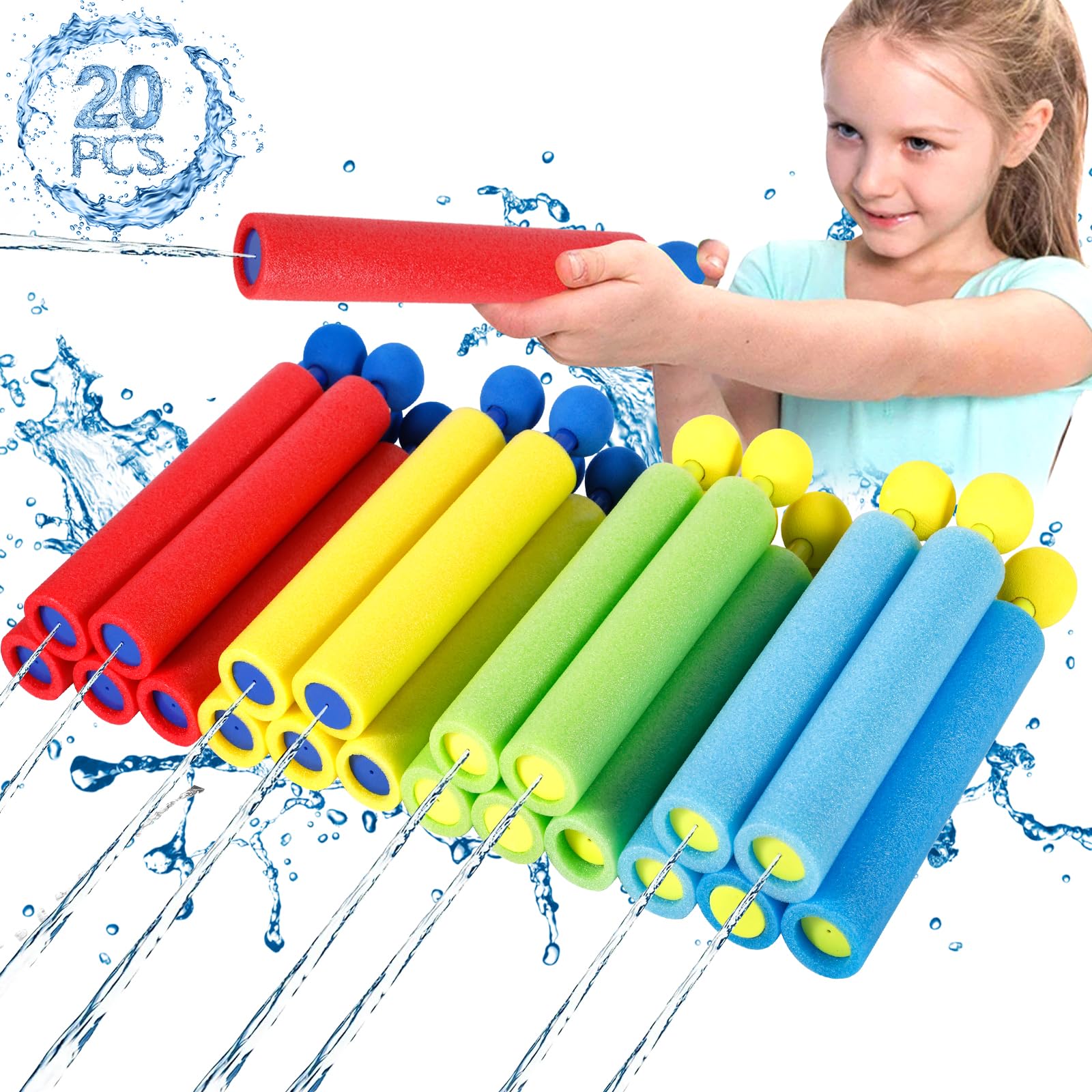 NCKIHRKK Pistola de Agua para Niños, 20 Pack Pistola de Agua de Espuma, Pistolas Agua 3+ Años Juguetes de Agua para Juegos Piscina, Juegos de Agua para Niños Exterior Jardín Playa, 5 Colores