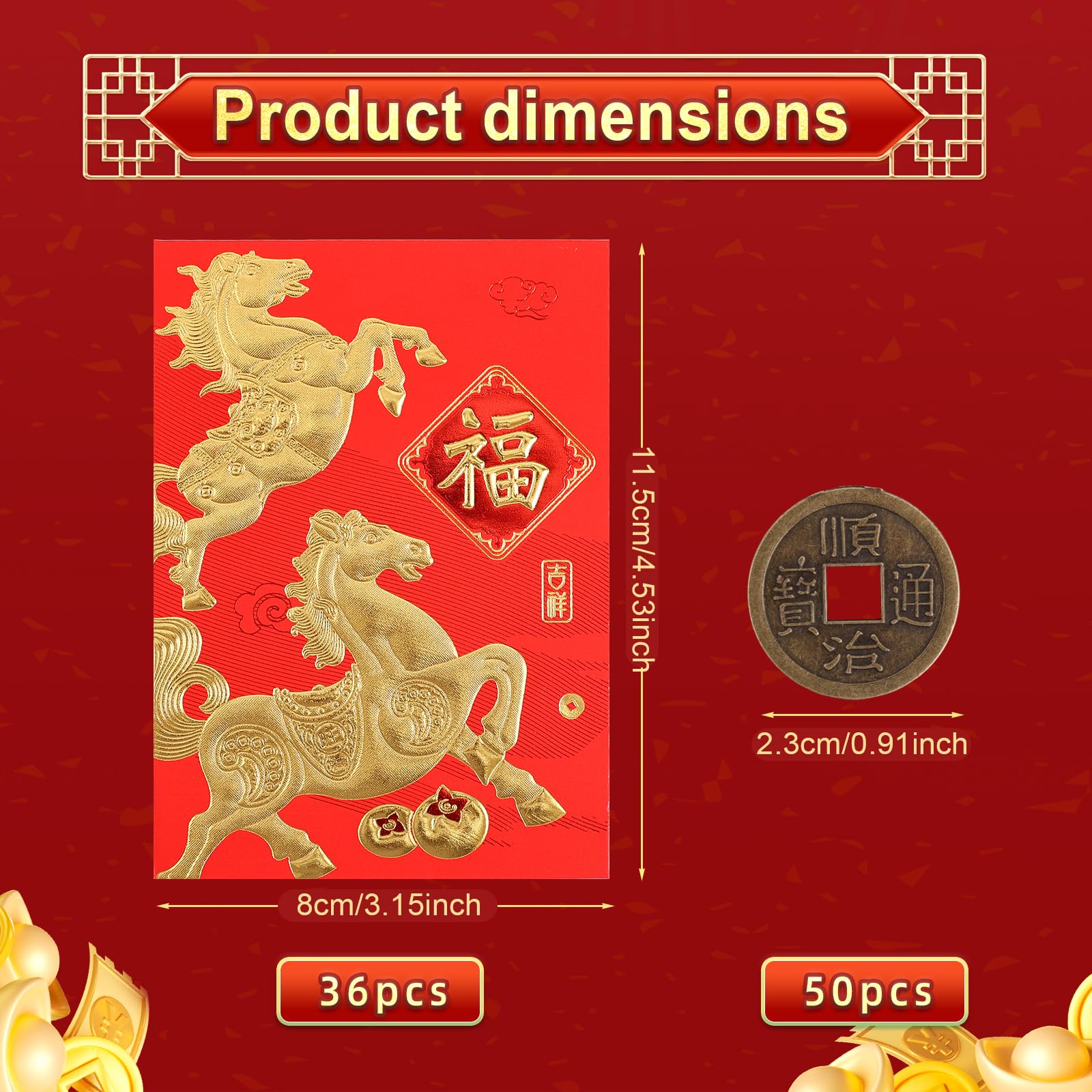 Buste Rosse per Capodanno Cinese 2026 Feng Shui 11,5x8cm 36pz con 50pz Monete Cinesi (6 Stili)