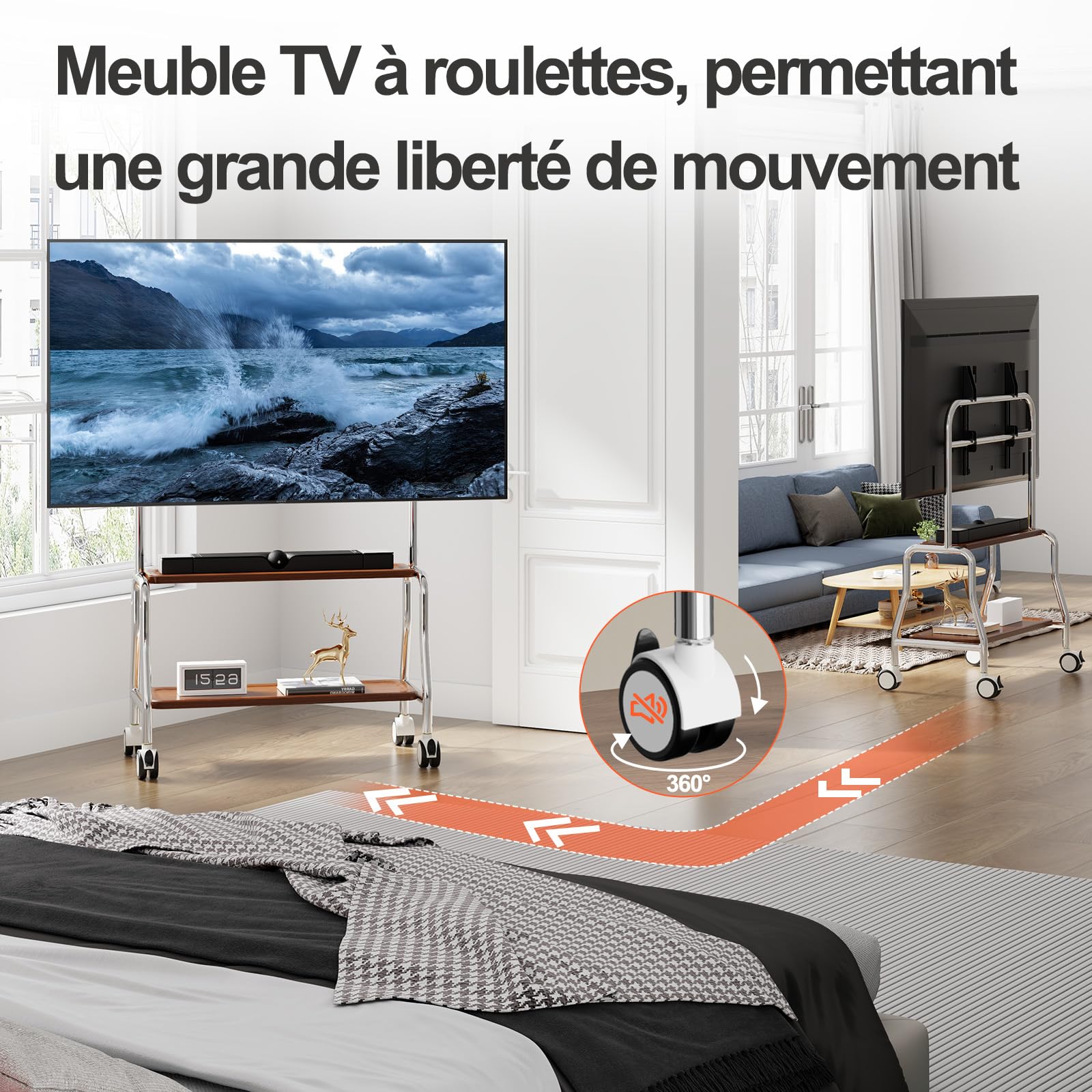 Chevalet de télévision mobile à roulettes pour écrans plats LCD LED OLED de 32 à 75 pouces, en acier inoxydable avec roulettes, 50 kg, VESA 600 x 400 mm (étagère de rangement en bois double couche