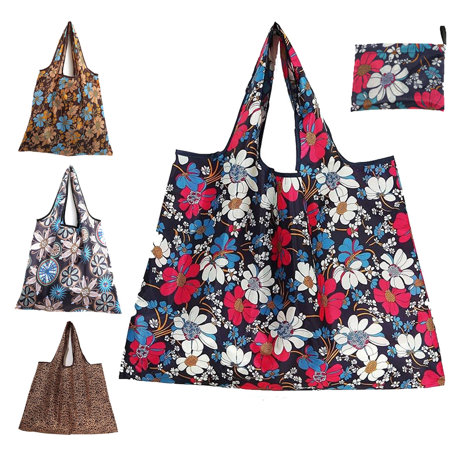4 Pcs Large Foldable Shopping Tote Bag, Reusable Shopping Bags, Eco Waterproof Tote Shopping Cloth Bags, Lightweight Handbag Tote Pouch for Travel Picnic Daily Use Holiday Favors