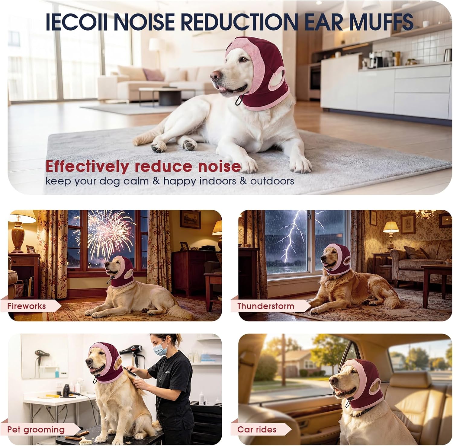 IECOii No Shake Dog Ear Wrap Hematoma for Anxious Dogs(Red,M) | Soft Breathable Ear Cover for Fireworks,Thunderstorms,Grooming & Travel,Adjustable Dog Ear Muffs for Small Medium Large Dogs