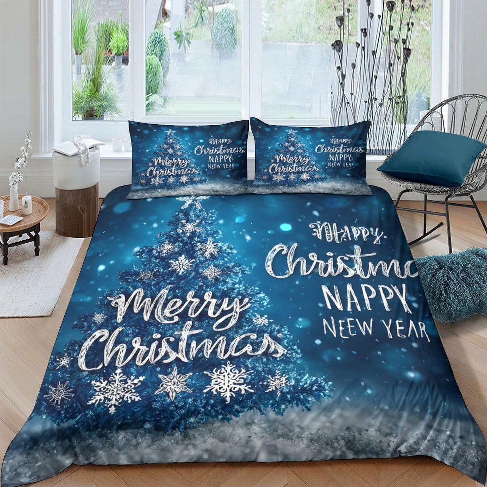 GPLZQXKJNH 3D Printed Christmas Tree Duvet Cover Set Microfiber Blue Snowflake Bedding Set with 2 Pillowcases for Bedroom Decor Single（135x200cm）