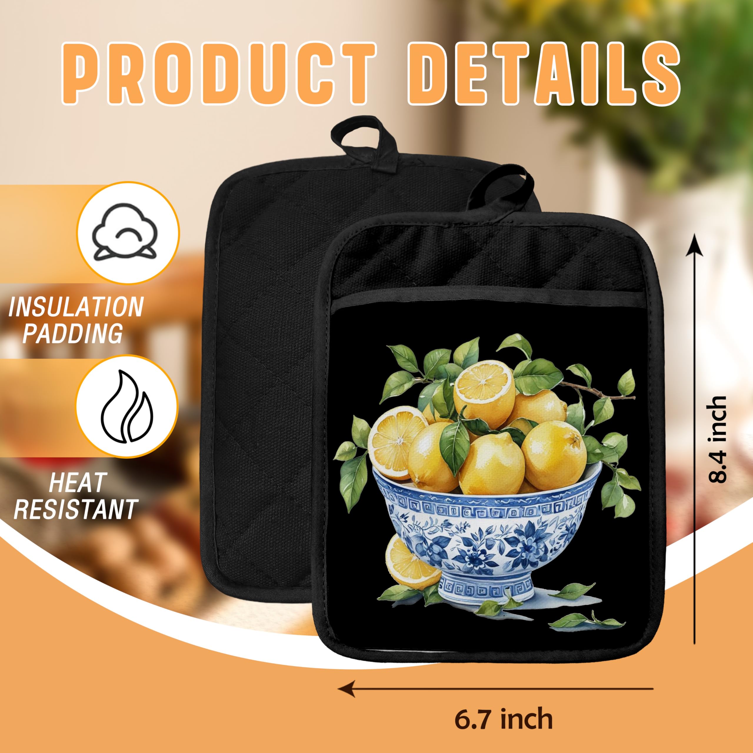 Chinoiserie Topflappen mit Taschen, blau und weiß, Grandmillennial Zitronenbaum, Ofen-Topflappen, hitzebeständig, Ofenhandschuhe, heiße Pads für Küche, Backen, Kochen