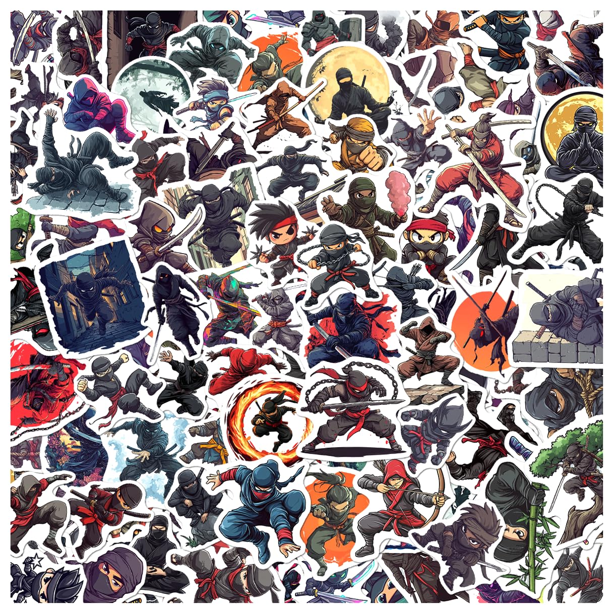 Cartoon Ninja Stickers Pack for Kids and Teens Vinyl Waterproof Decals Laptop Water Bottle Phone Notebook Skateboard 108Pcs Case Wall Decoration Bike Car Hard Bedroom Hat