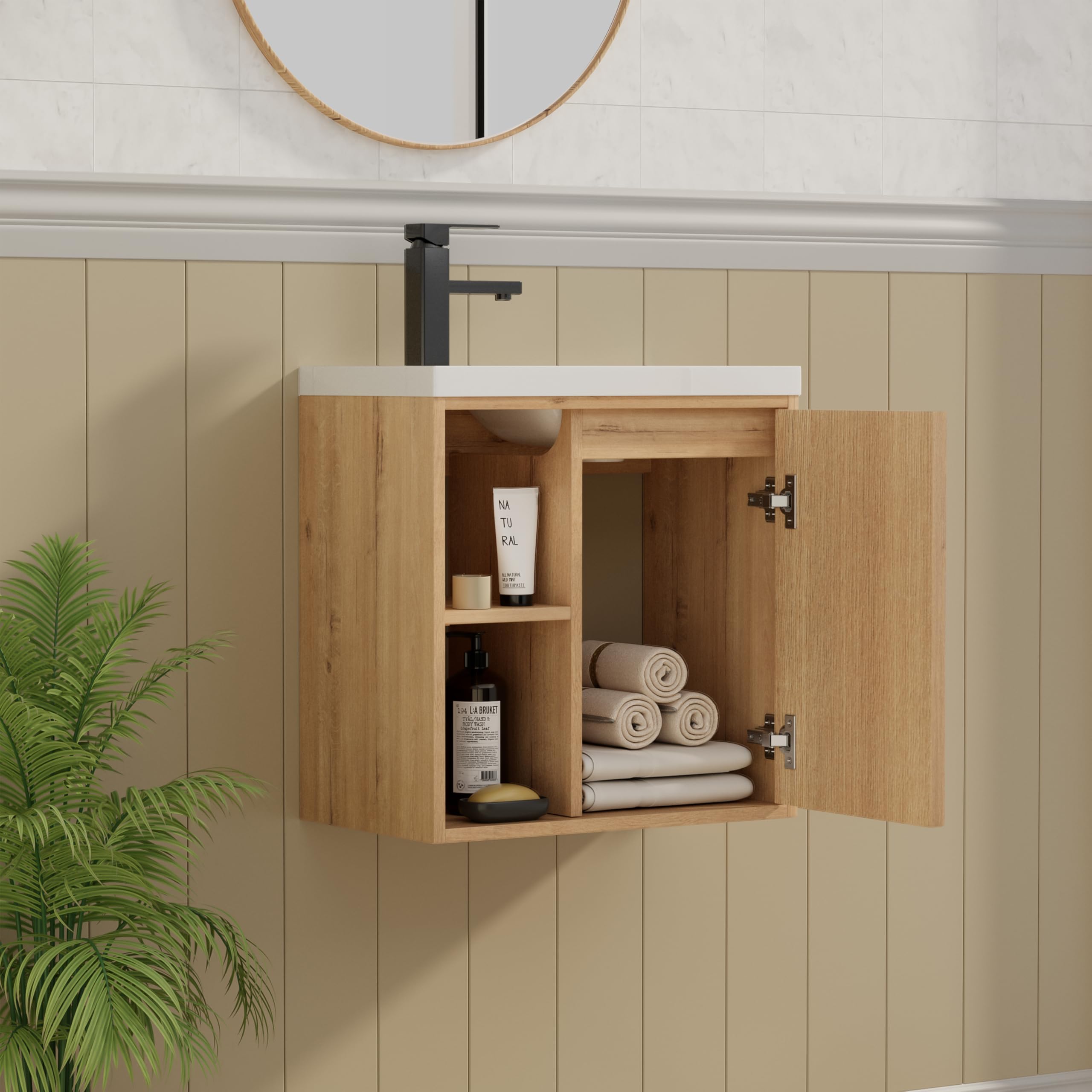 UEV Meuble Lave-Mains Mural, Meuble Lavabo Suspendu, Lavabo en Résine, Espace de Rangement Caché/Ouvert, Motif Bois Naturel, 51 x 30,5 x 54 cm, Naturel