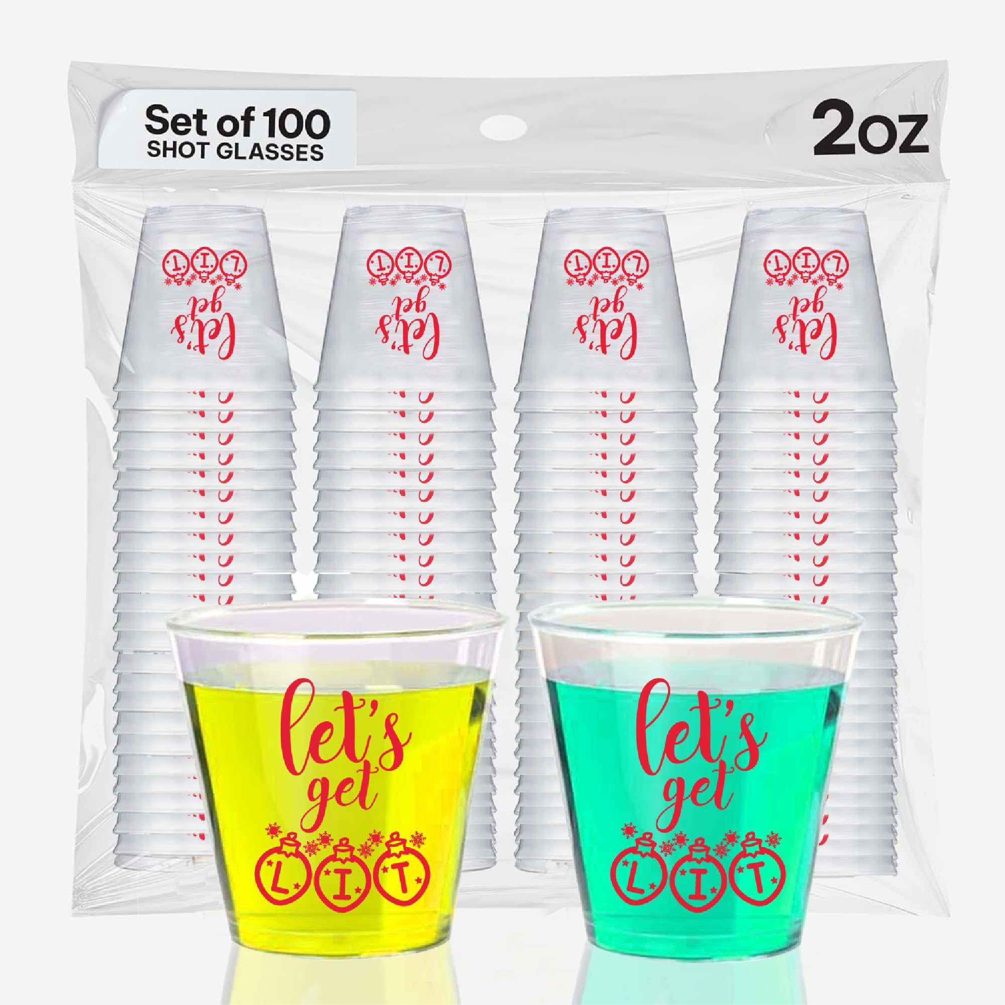 Christmas Shot Glasses – 100 Pack 2oz “Let’s Get Lit” Plastic Cups for Christmas Party Decorations – Funny Barware for Adults, Holiday Table Decor, and Festive Drinkware