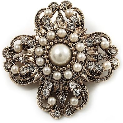 Vintage Filigree Simulated Pearl Cross Brooch Antique Gold