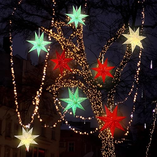 Miniatura 10 de Retisee 12 faroles de papel de Navidad de 14 pulgadas con 7 luces puntiagudas, copos de nieve, estrella de papel marroquí con 12 luces LED para