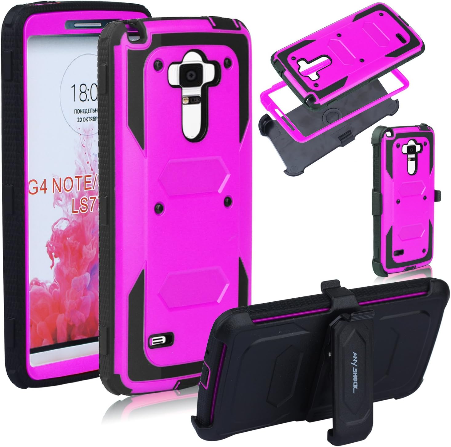 Anyshock[Armor Series] Heavy Duty Shockproof Durable Full Body Protection Hybrid Case with Belt Clip Holster and Kickstand for LG G4 Note/LS770(Free Screen Protector Included) (Hot-Pink)