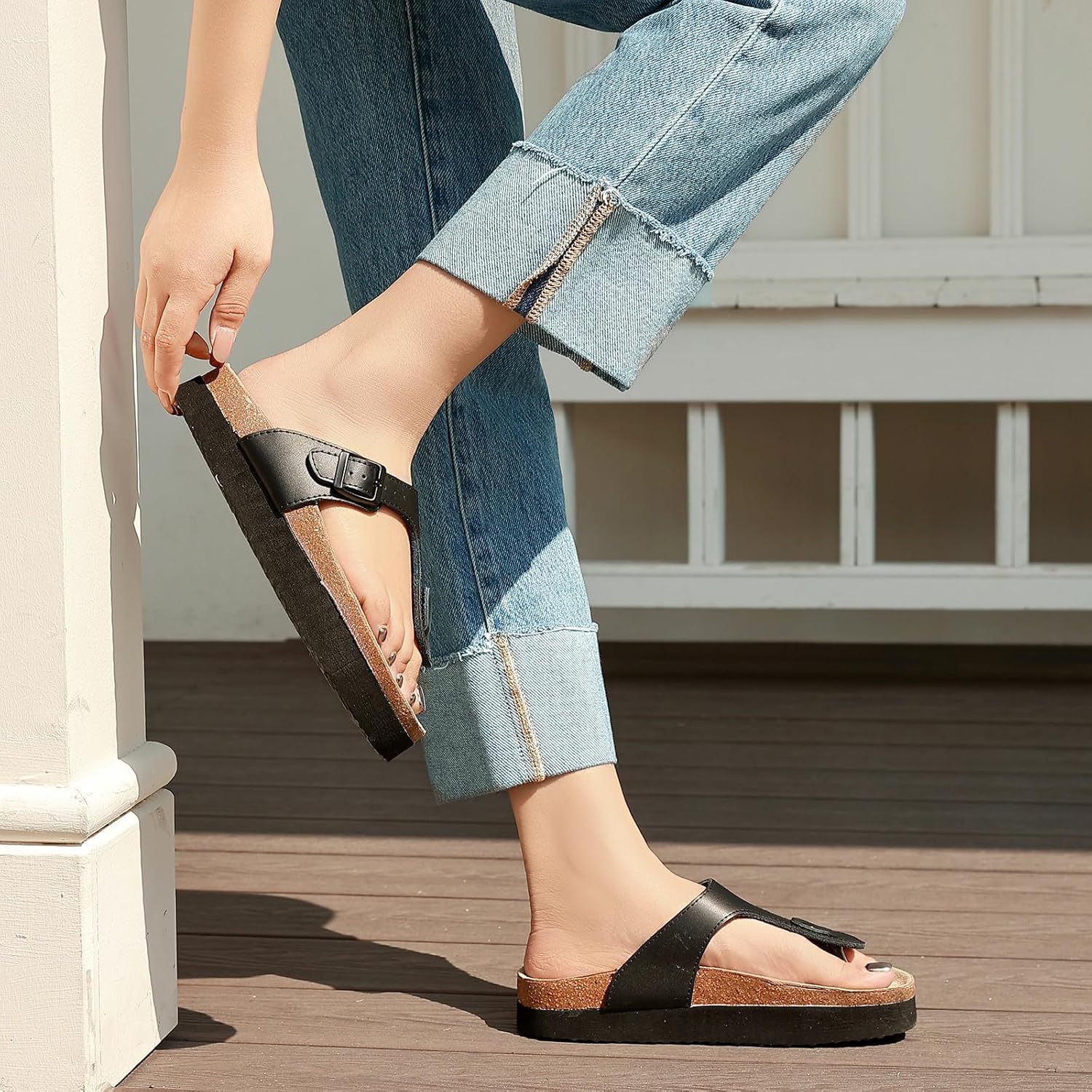 Women Arch Support Thong Sandals, Cork Footbed Flip Flops with Adjustable Buckle Straps, Comfortable Casual Summer Footwear for Beach & Outdoor Activities - Image 3