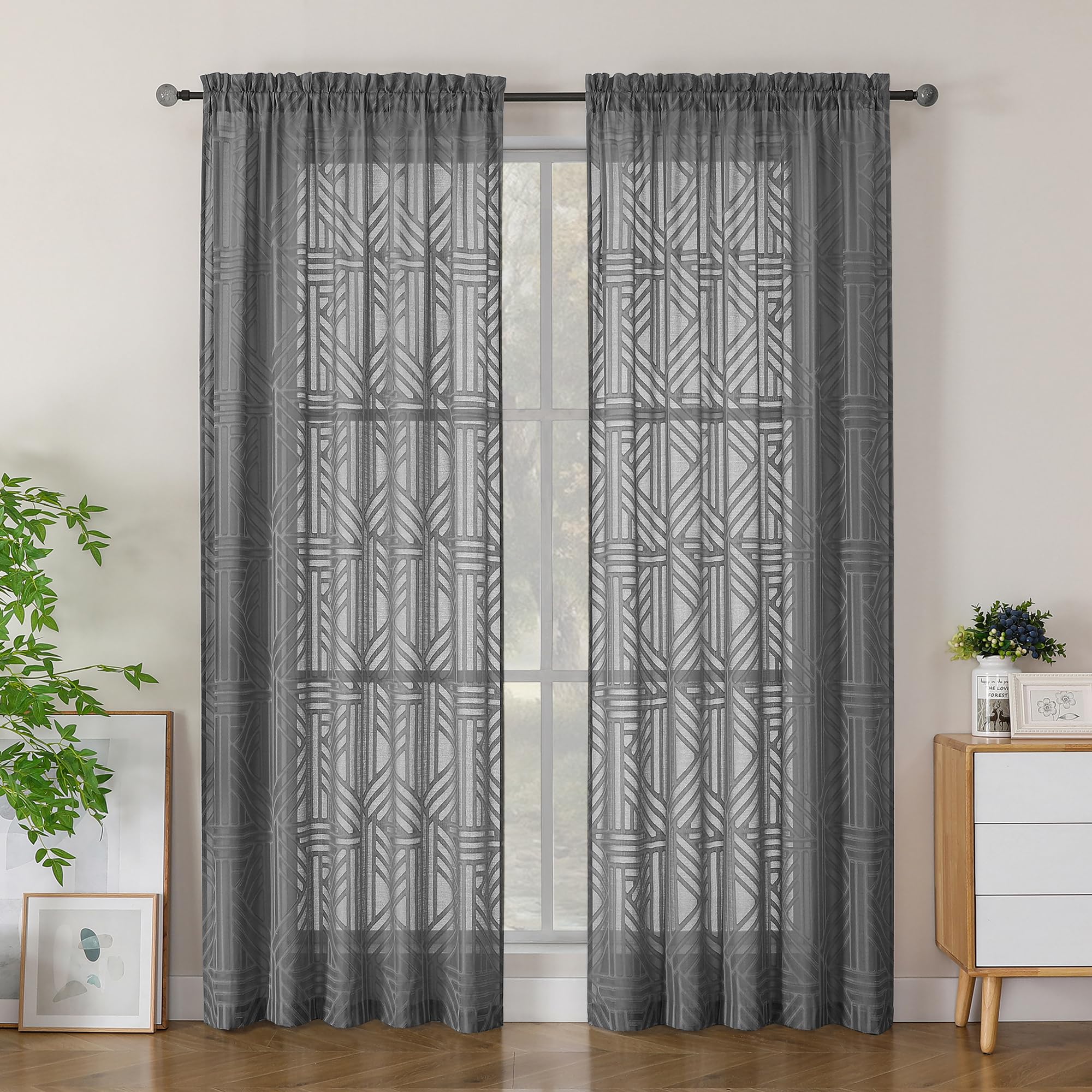 Photo 1 of Simplebrand Semi Sheer Geometric Jacquard Clip Curtains 52"x84", Charcoal Grey