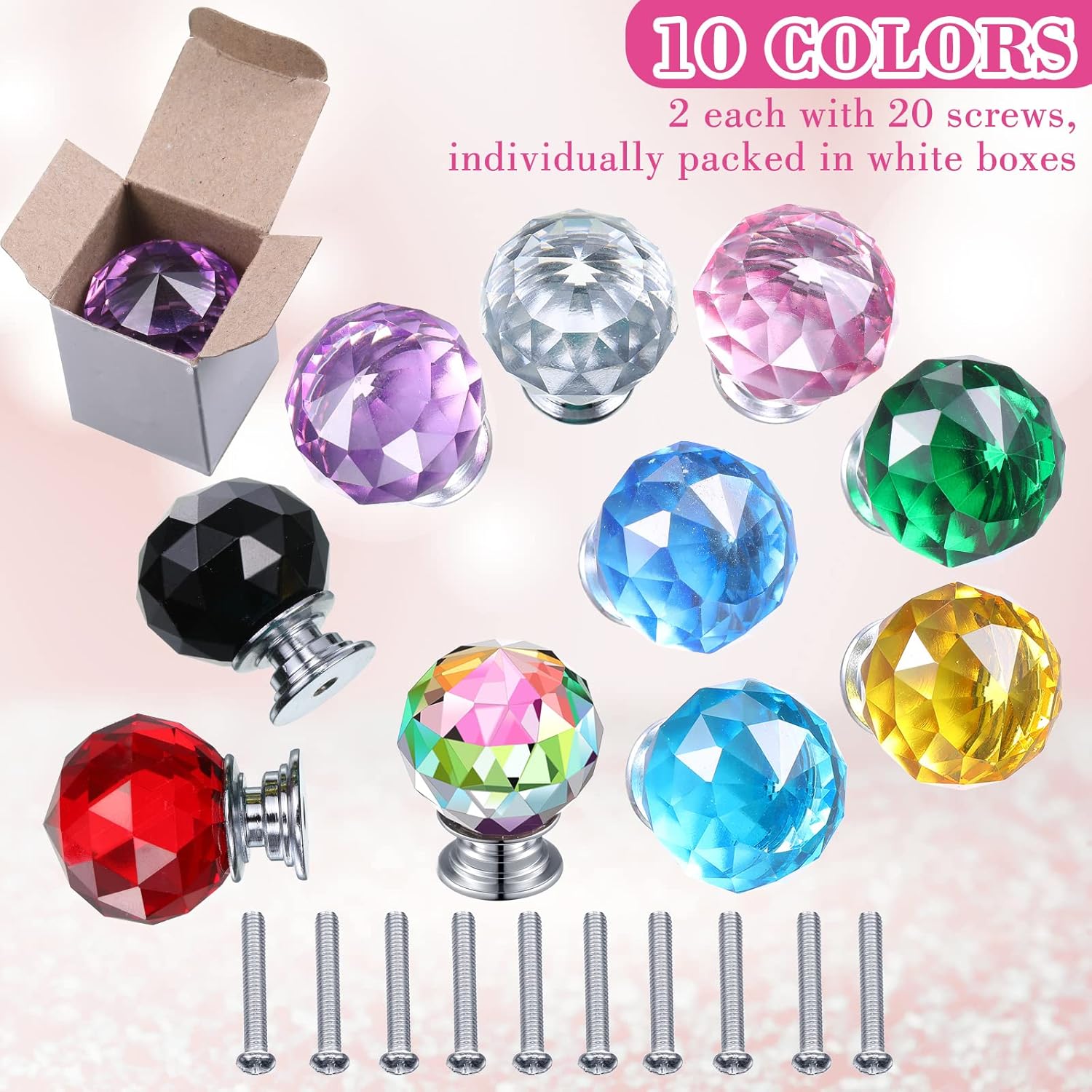 Jetec 20 Pcs Crystal Drawer Pulls Cabinet Knobs 30mm Diamond Dresser Knobs for Dresser Drawers Kitchen Bookcase Wardrobe(Multicolored,Cute Style)