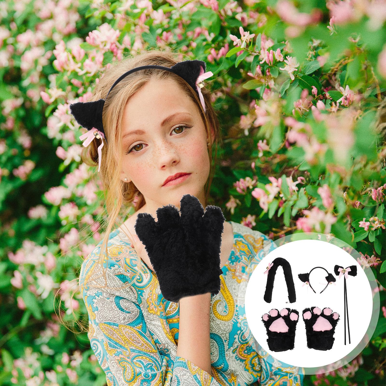 5piezas Cosplay de Gato Kawaii Suave con Diadema Negra Guantes de Garra Cola de Peluche y Lazo Accesorios para Disfraces y Fiestas de Halloween