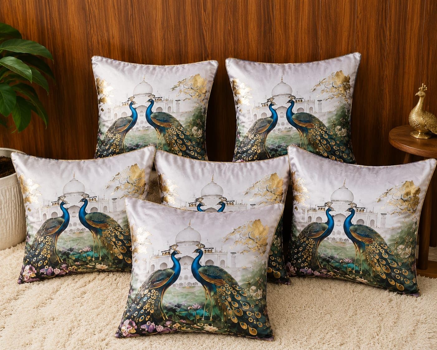 Soft Velvet Fabric Peacock Print Decorative Cushion Covers 16 inch x 16 inch Set of 5 Pc, Multicolor-image-34