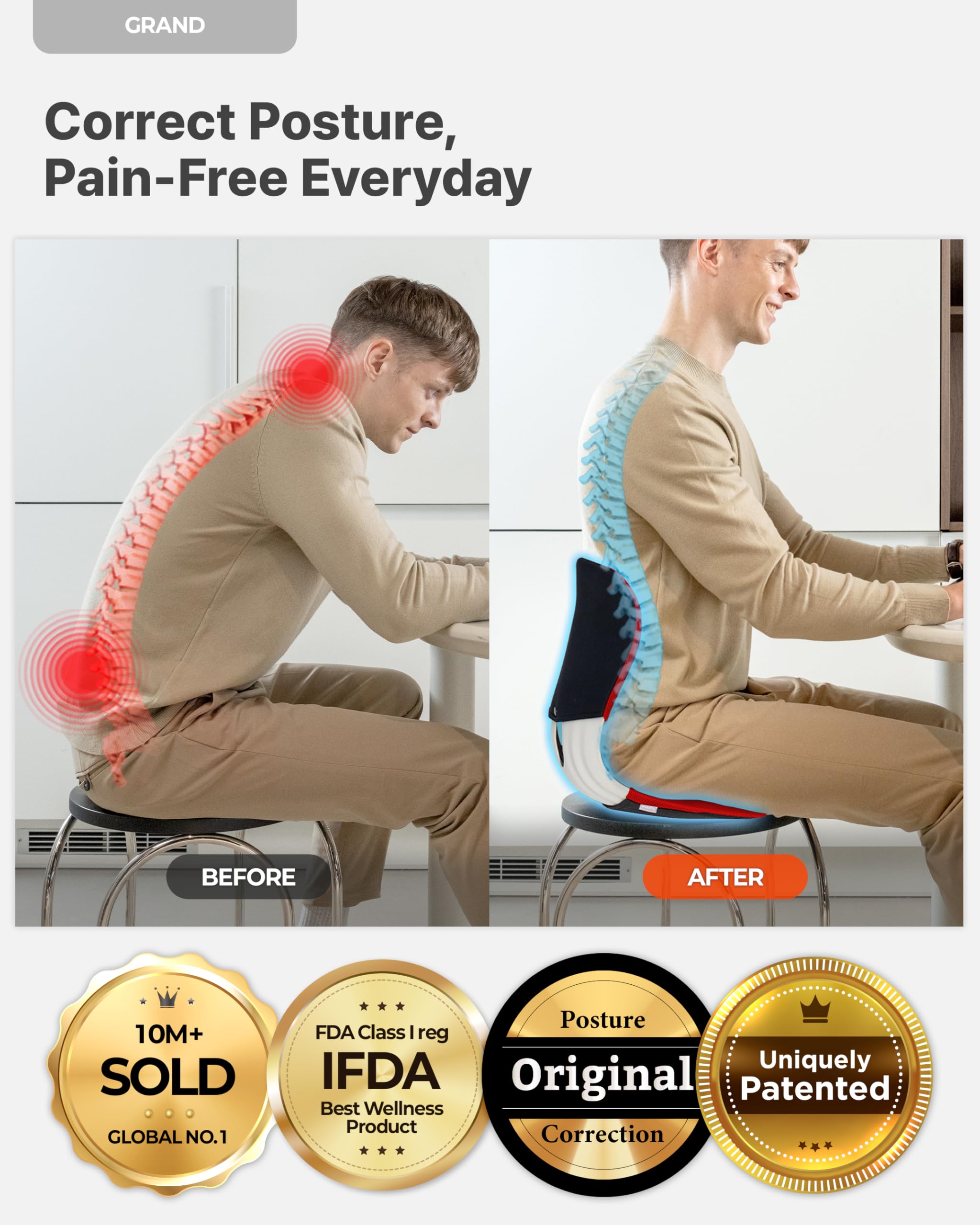 curble GRAND COVER SET - Silla ergonómica de apoyo para la espalda y funda desmontable, soporte lumbar para corrector de postura de espalda y alivio del dolor de espalda baja, perfecto para silla de