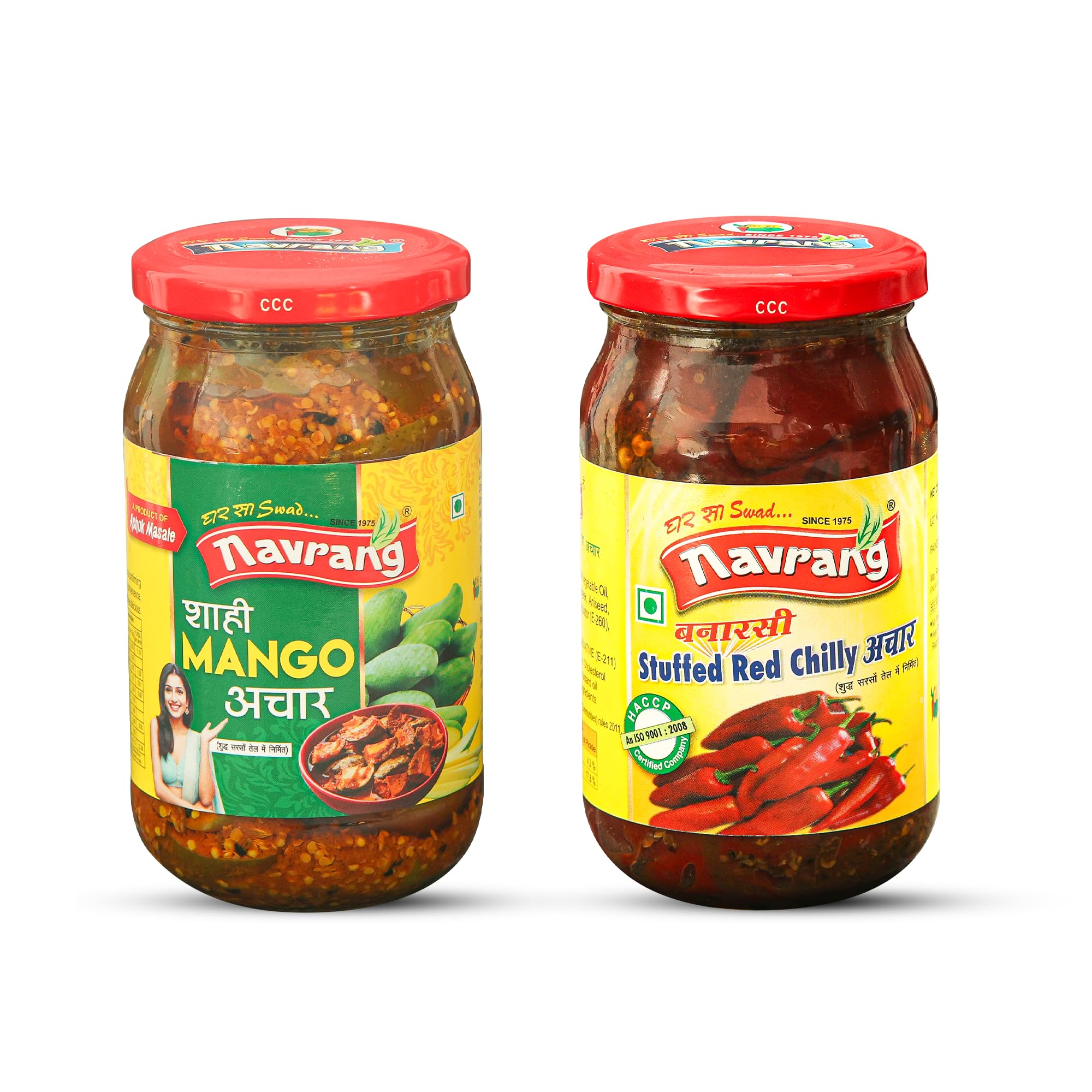 Navrang Homemade Combo of Shahi Mango Pickle, Aam ka Achar and Banarsi Stuffed Red Chili Pickle, lal mirch mirchi ka Bharwa Indian achar Less Oil Ghar sa Swad with Indian Taste - 400G each