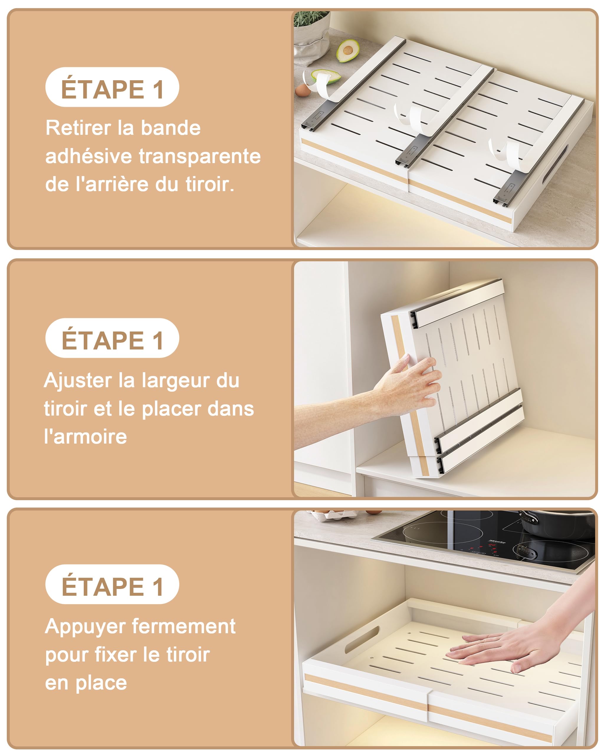 UMDONX Lot de 2 Tiroir Coulissant Cuisine Adhésif Rangement Placard Blanc - Tiroir Télescopique Extensible (largeur réglable de 30.5 à 51.5)