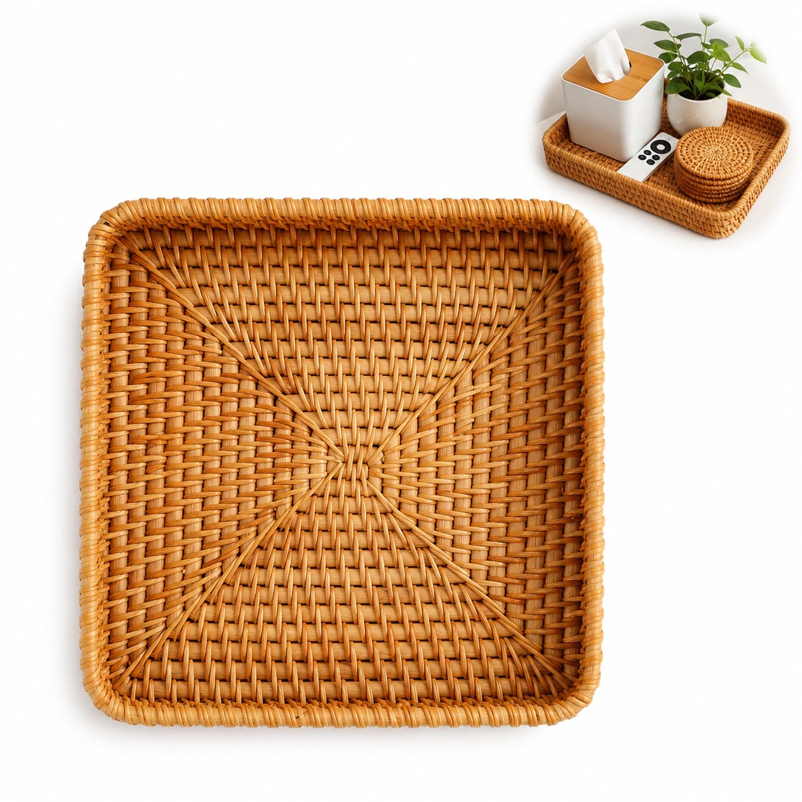 Square Woven Wicker Tray for Home Decor - Compact Small Natural Rattan Decorative Organiser for Keys, Perfumes, Candles, and Coffee Table Entryway Storage (8.26 x 8.26 x 1.57 Inch)