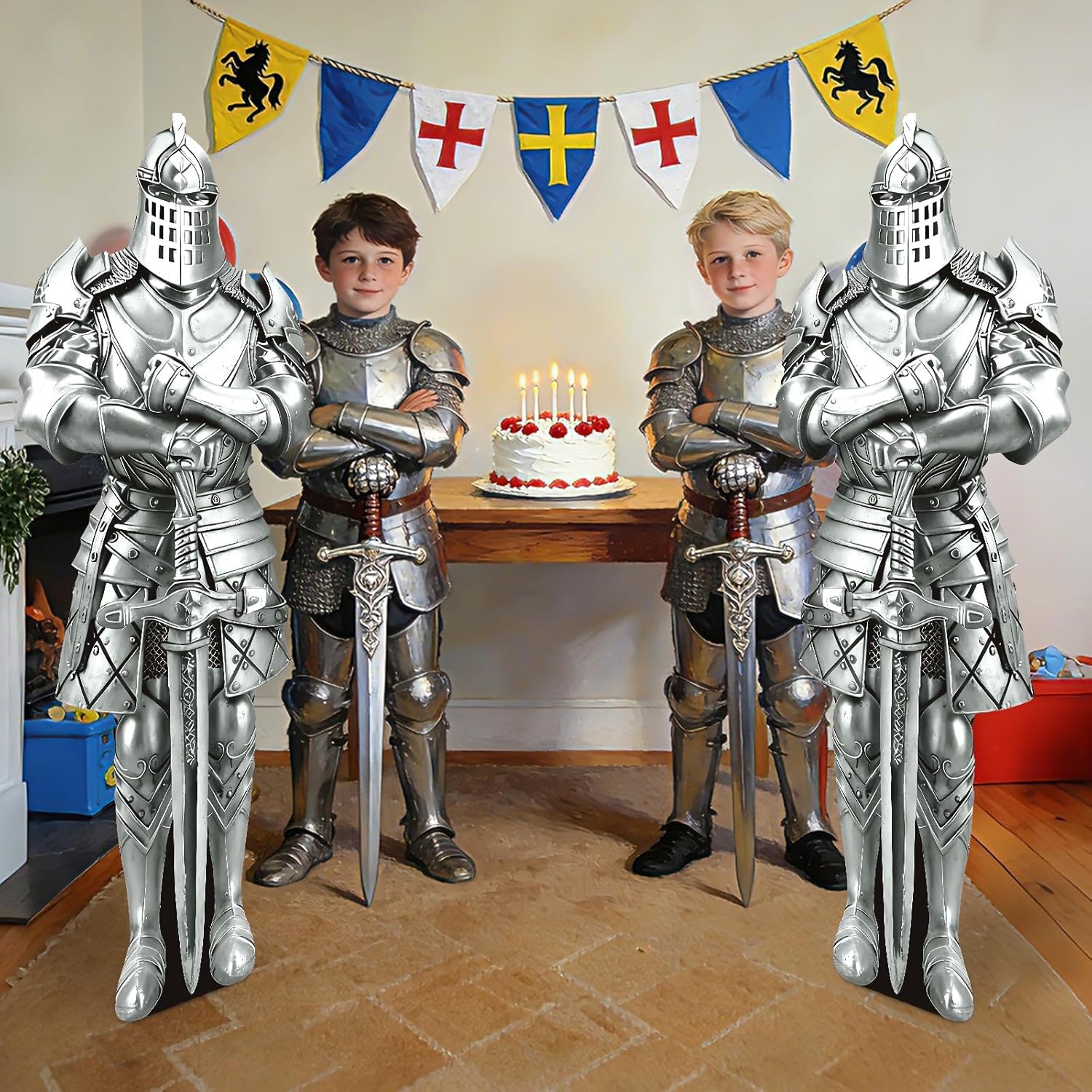 2 PCS Life Size Medieval Knight Cardboard Cutout, Medieval Party Decorations Life Size Suit of Armor Photo Booth Props Backdrops for Medieval Party Renaissance Ancient Knight Castle Decor