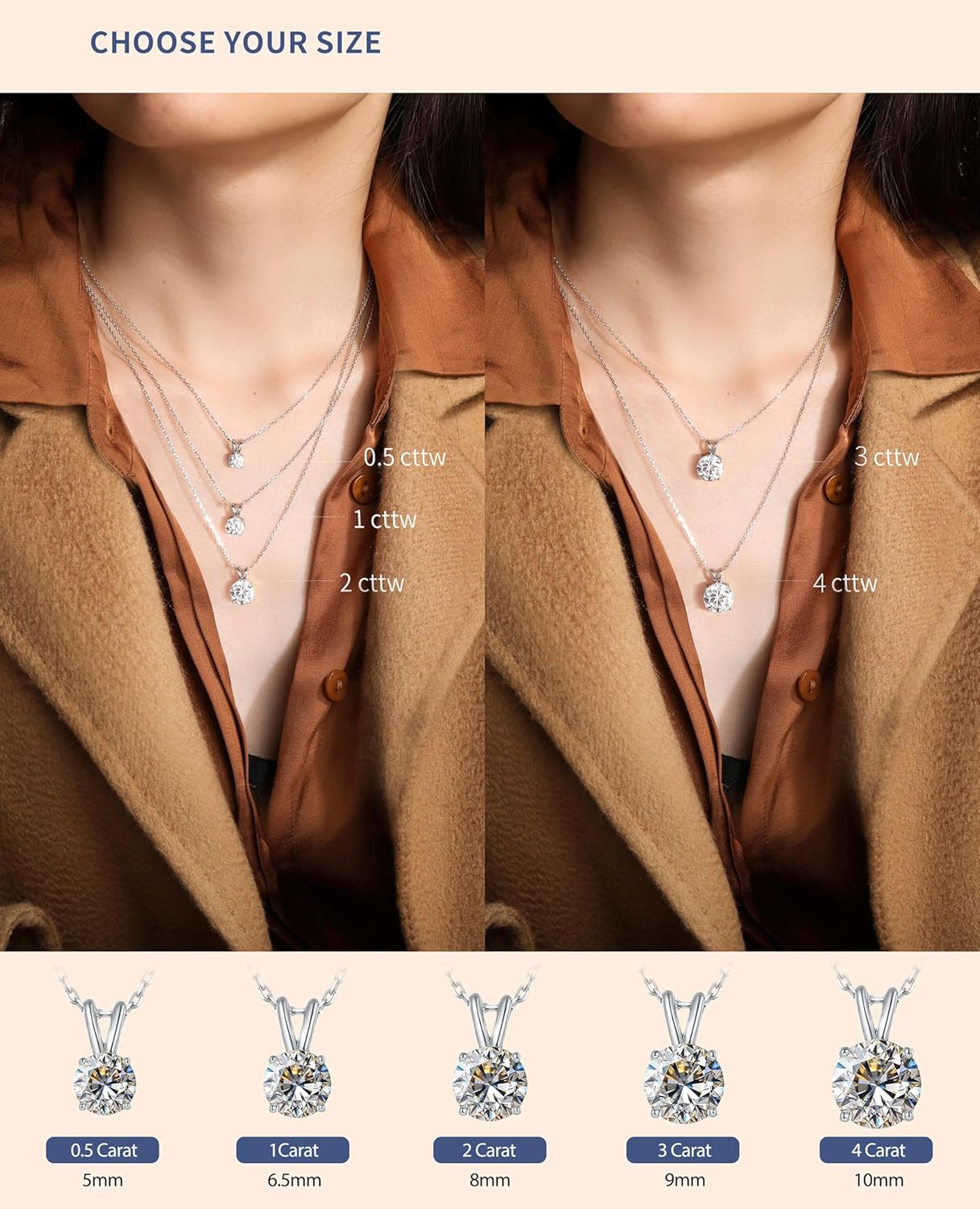 Moissanite Pendant Necklace for Women Lab Created Diamond Necklace S925 Sterling Silver 0.5-4 Carat (5-10mm) Moissanite Pendant D Color VVS1 Solitaire Necklace Birthday Gifts for Wife Mom Daughter Valentines Christmas Gifts - Image 5